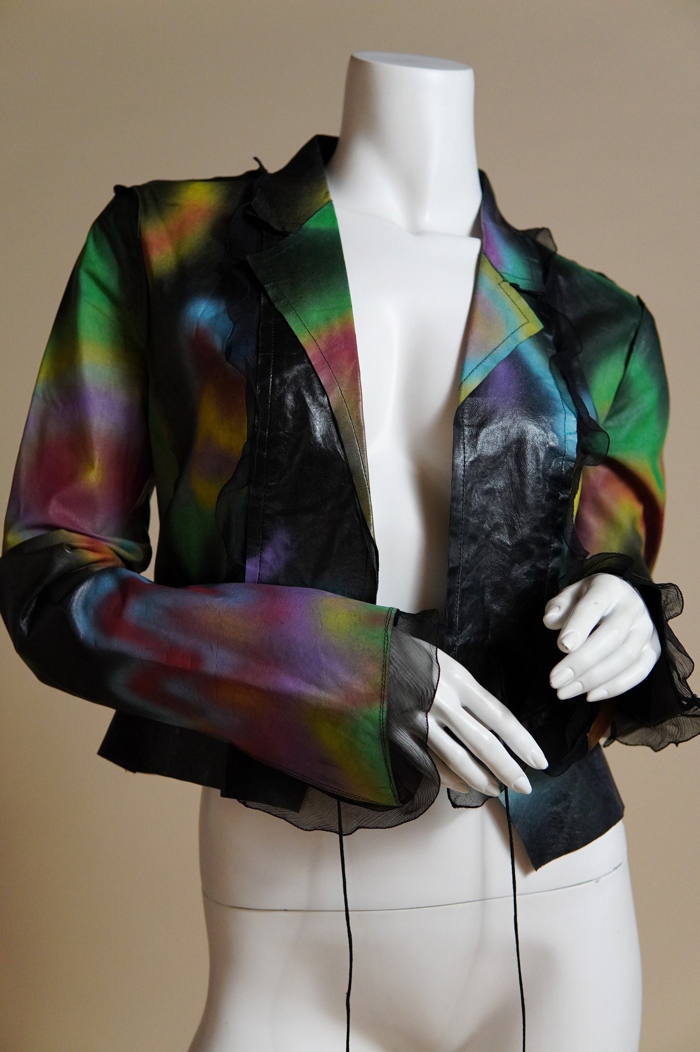 S/S 2000 Fendi by Karl Lagerfeld rare runway spray painted leather jacket with chiffon trim - XS/S