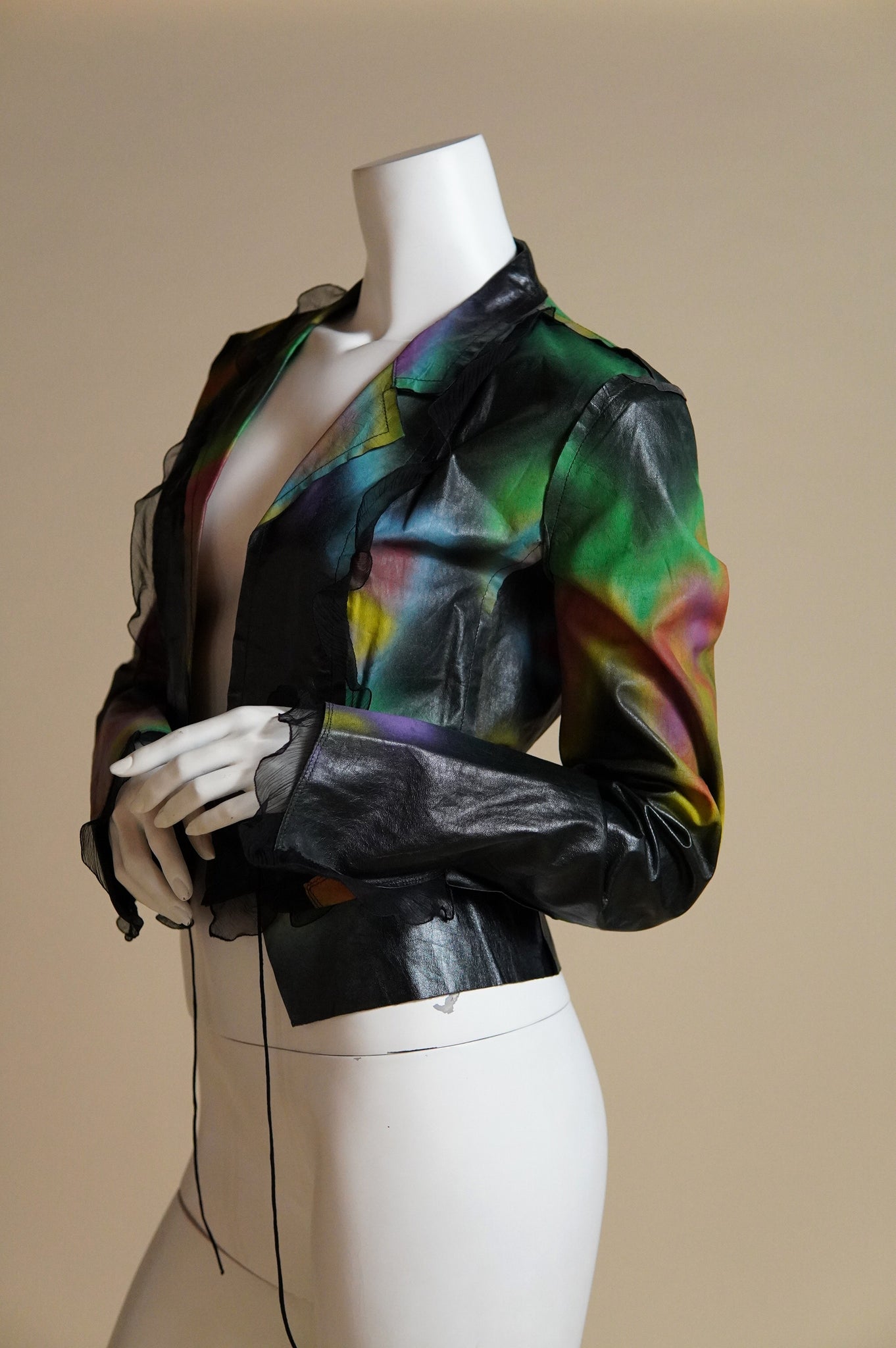 S/S 2000 Fendi by Karl Lagerfeld rare runway spray painted leather jacket with chiffon trim - XS/S