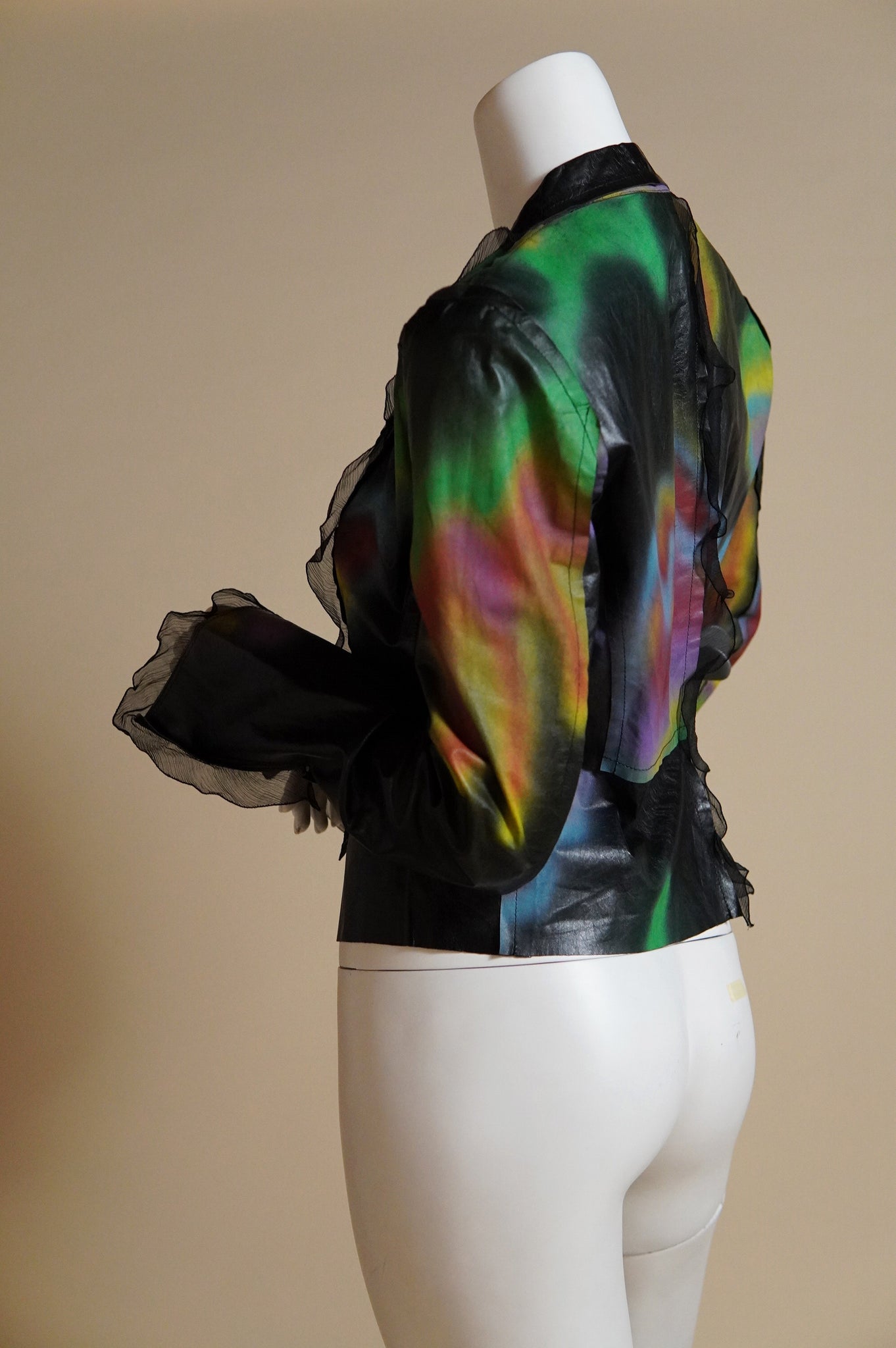 S/S 2000 Fendi by Karl Lagerfeld rare runway spray painted leather jacket with chiffon trim - XS/S