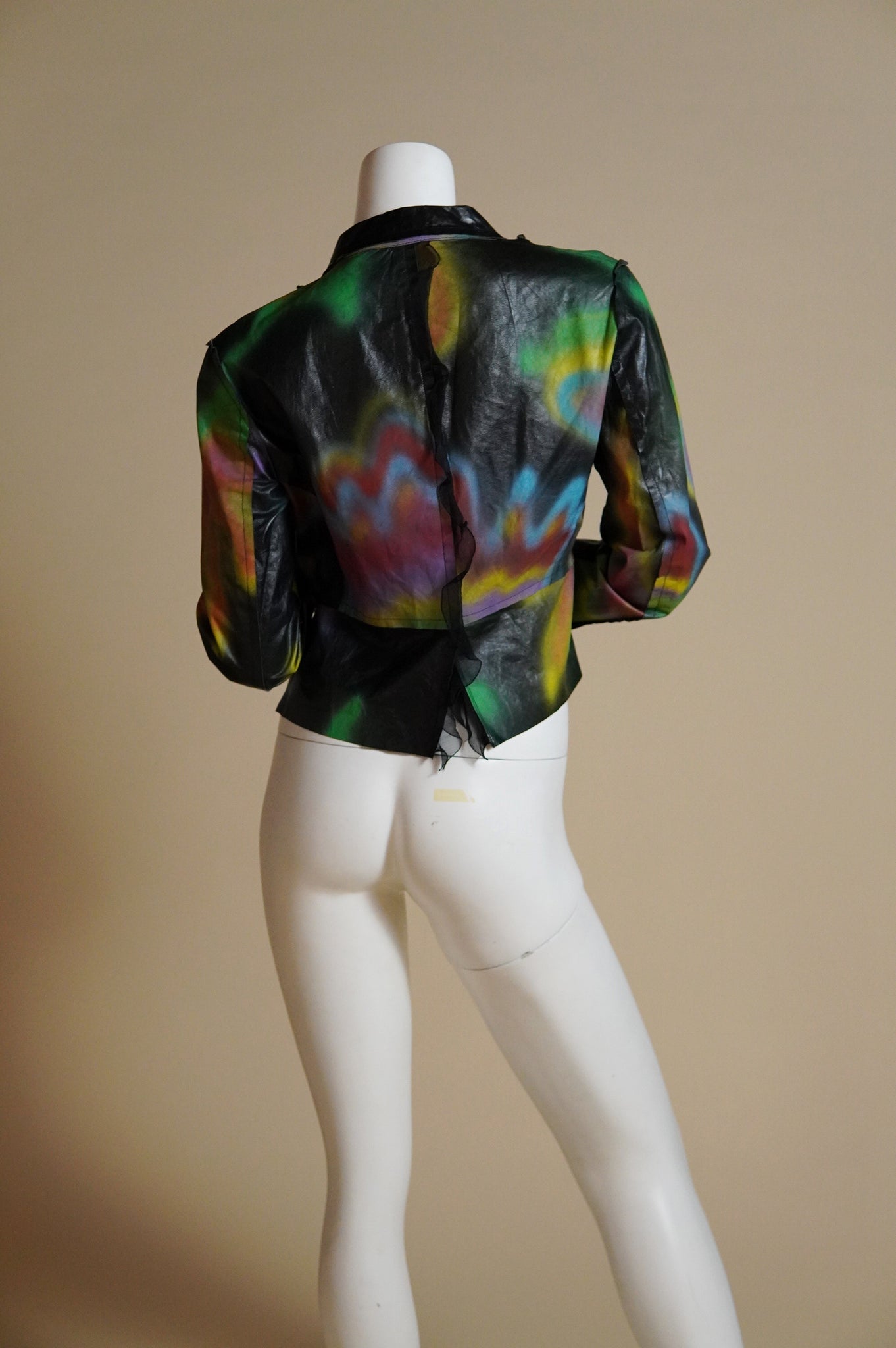 S/S 2000 Fendi by Karl Lagerfeld rare runway spray painted leather jacket with chiffon trim - XS/S