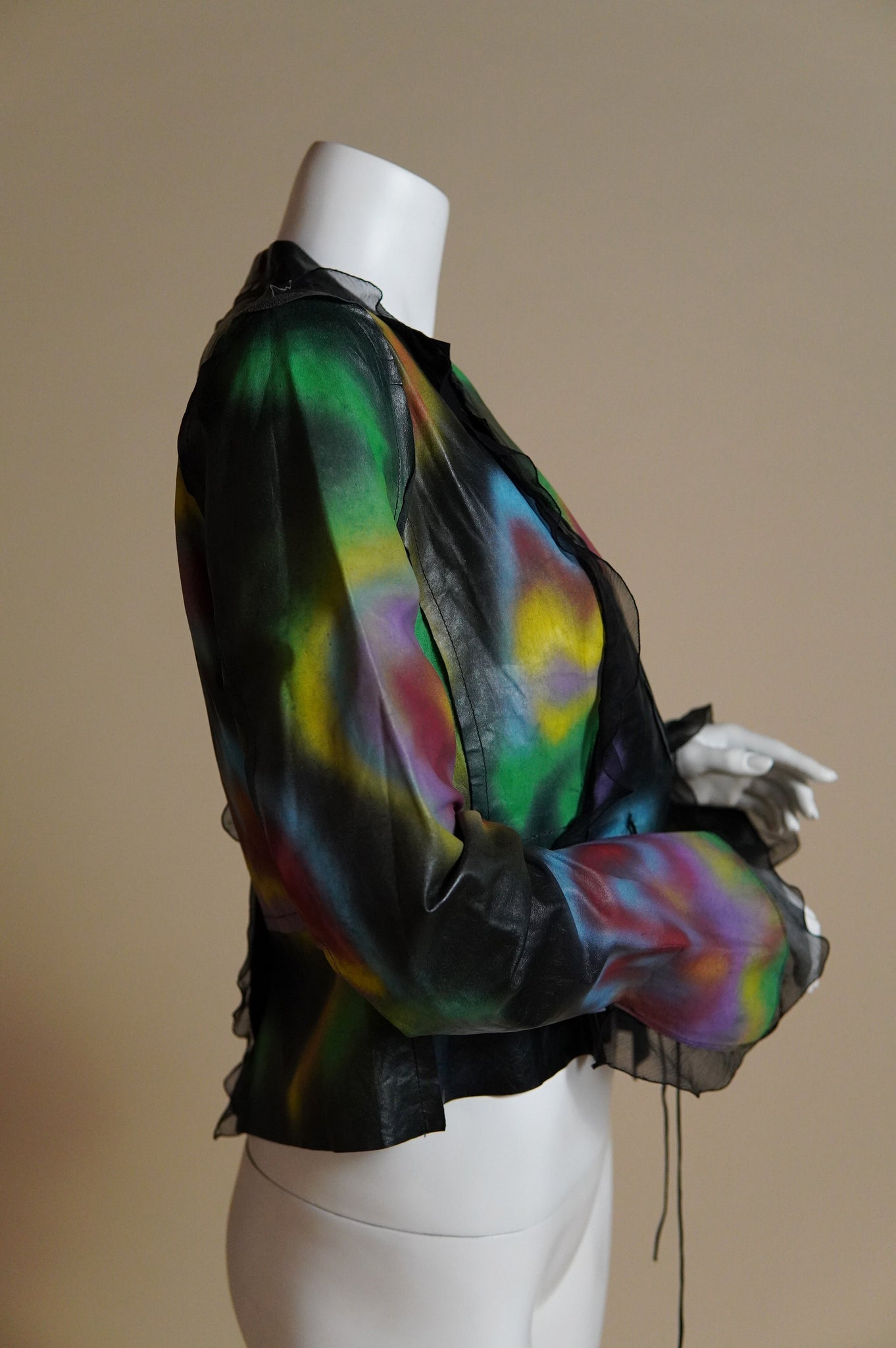 S/S 2000 Fendi by Karl Lagerfeld rare runway spray painted leather jacket with chiffon trim - XS/S