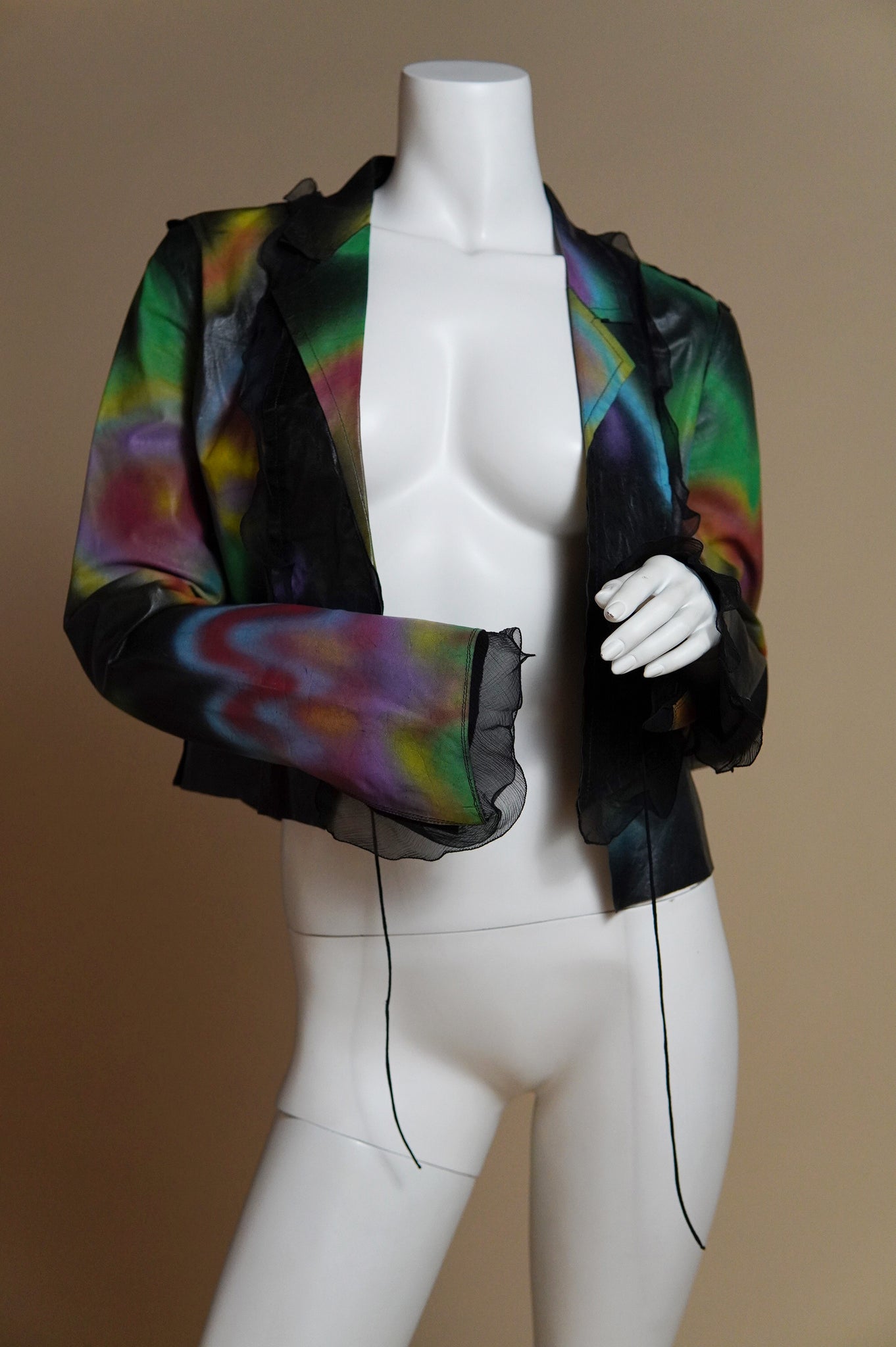 S/S 2000 Fendi by Karl Lagerfeld rare runway spray painted leather jacket with chiffon trim - XS/S