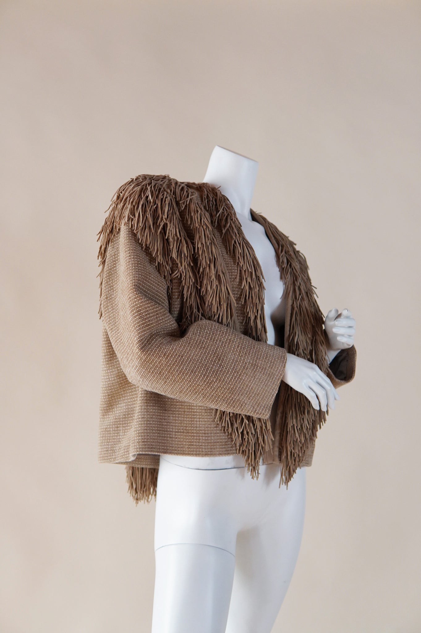 1970s 1980s Issey Miyake tan beige designer jacket with fringe