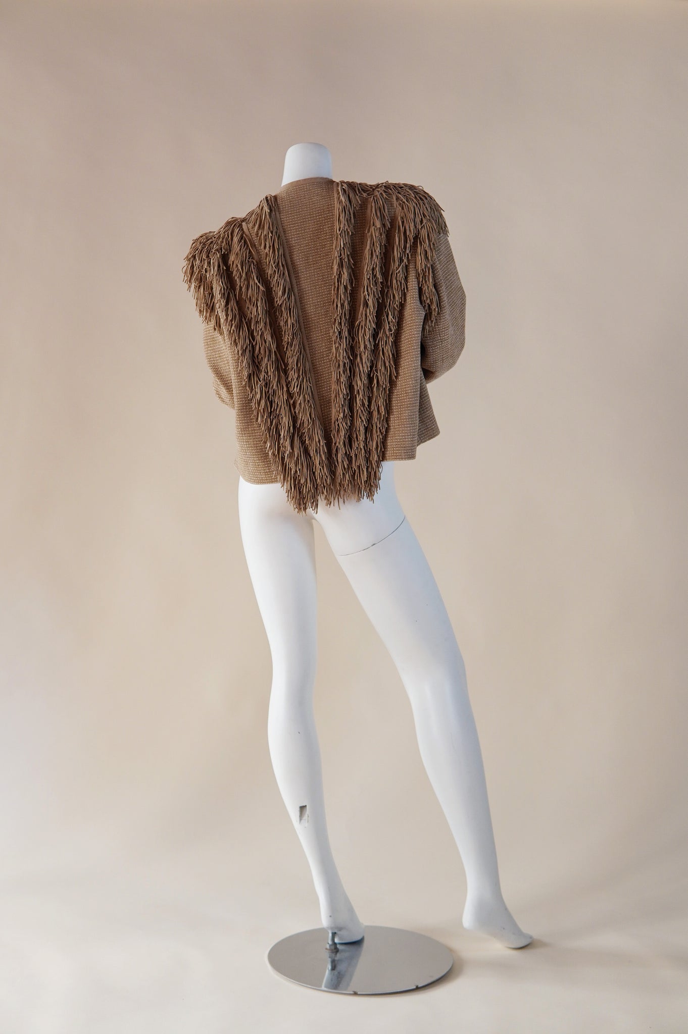 1970s 1980s Issey Miyake tan beige designer jacket with fringe back