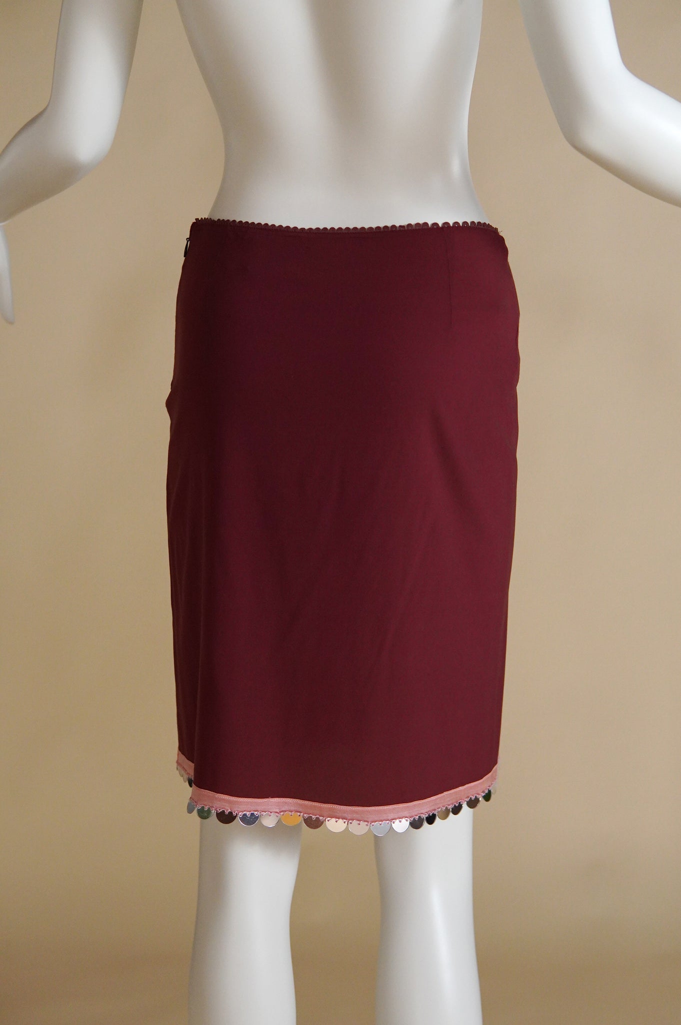 S/S 2000 Prada burgundy silk blend skirt with pink ribbon and mirror sequins trim - XS