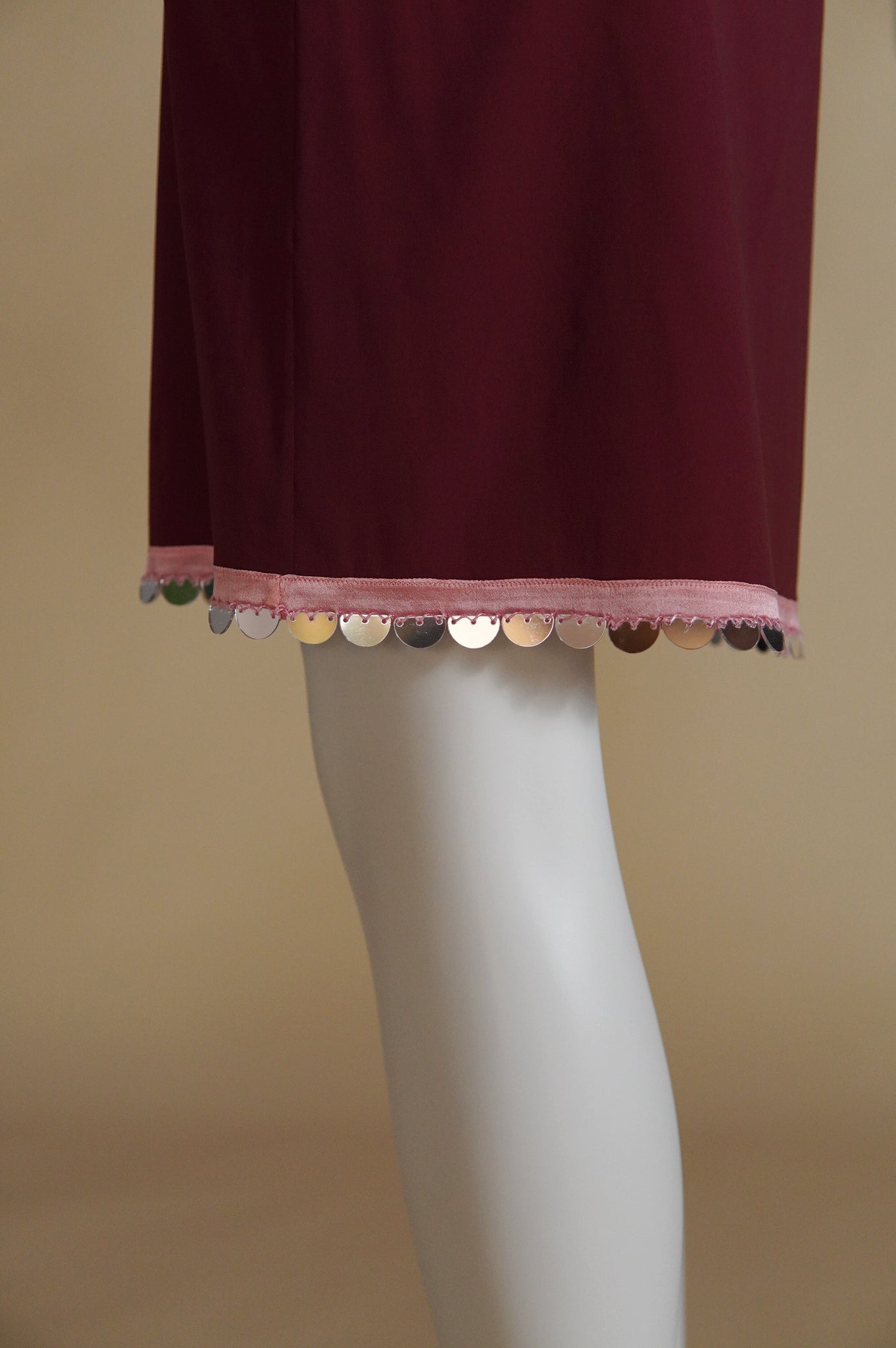S/S 2000 Prada burgundy silk blend skirt with pink ribbon and mirror sequins trim - XS