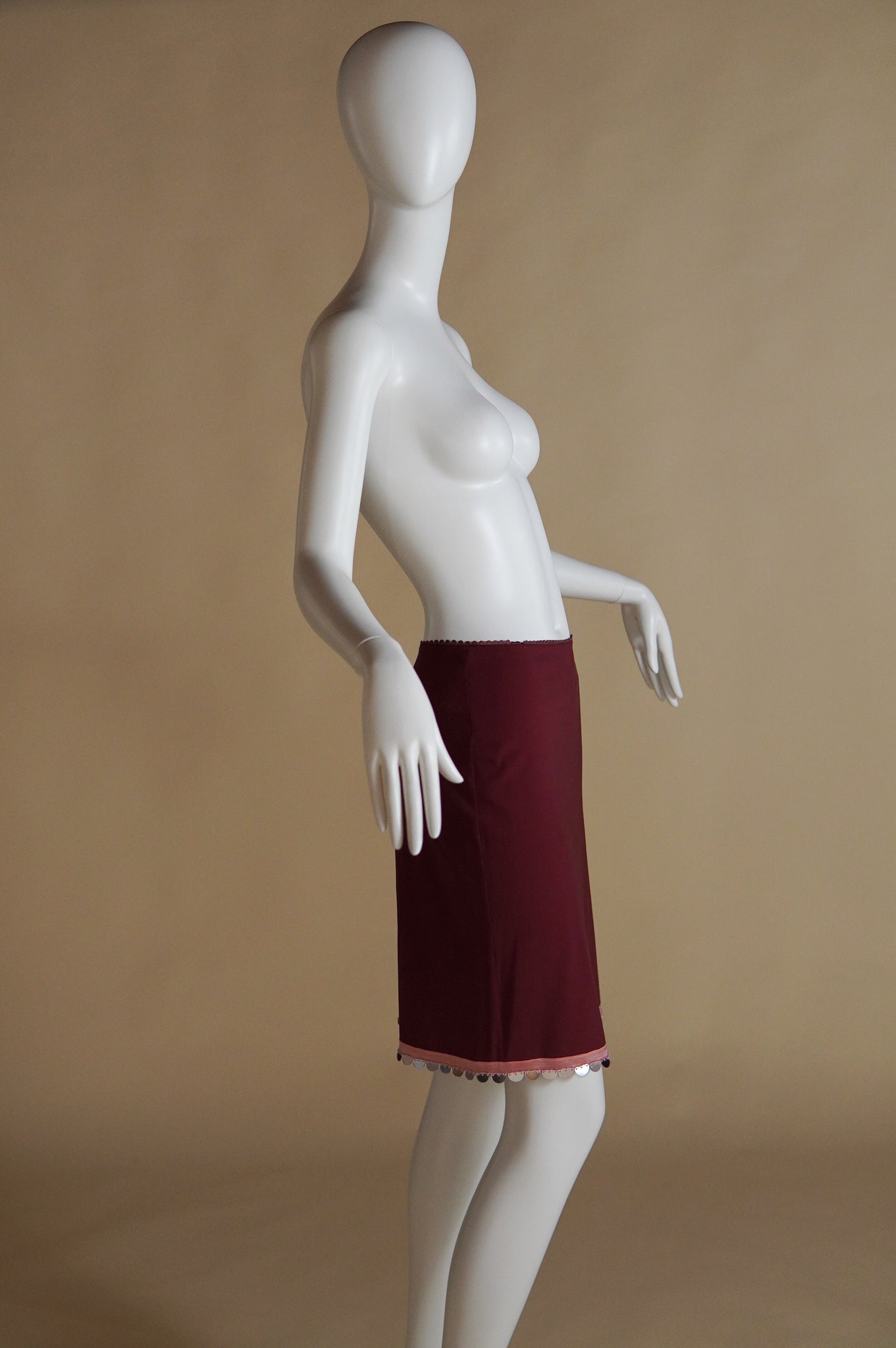S/S 2000 Prada burgundy silk blend skirt with pink ribbon and mirror sequins trim - XS