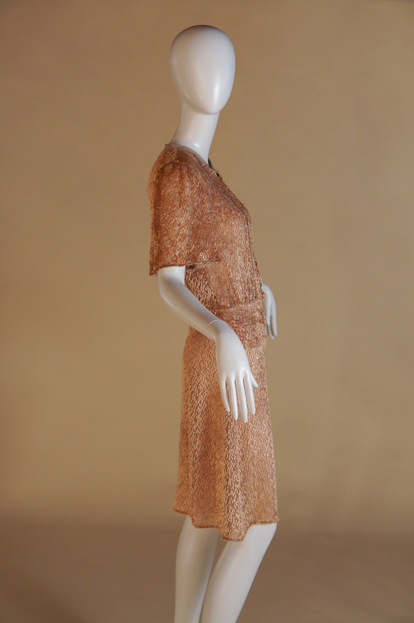 Fendi by Karl Lagerfeld gold sheer tufted silk dress with matching slip - XS/S