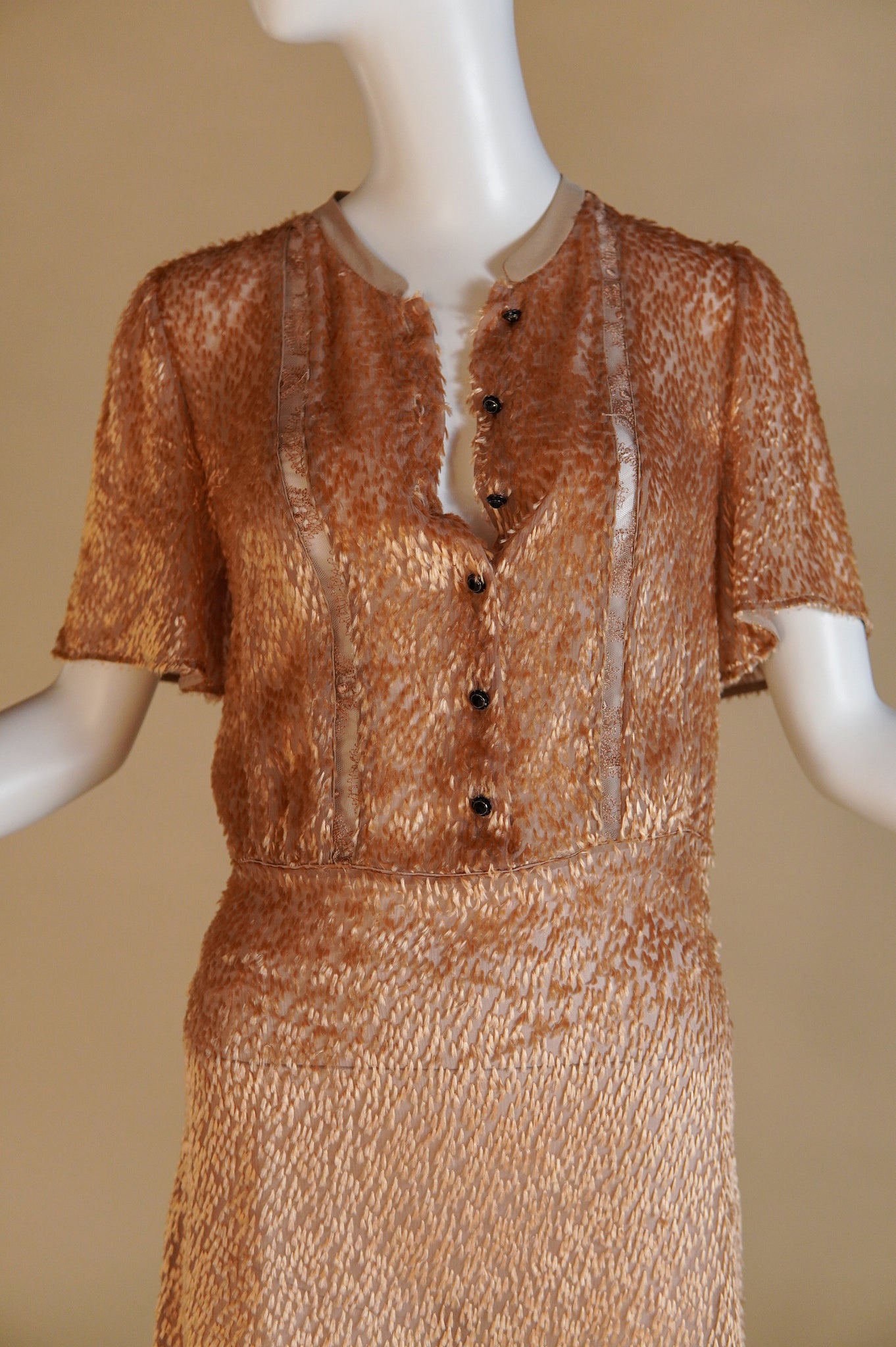 Fendi by Karl Lagerfeld gold sheer tufted silk dress with matching slip - XS/S