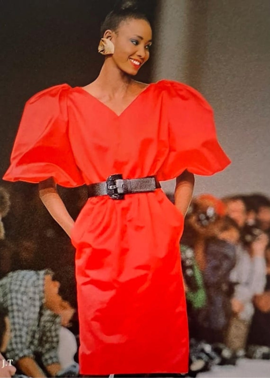 S/S 1989 Yves Saint Laurent Rive Gauche runway red dress with exaggerated puff sleeves - M