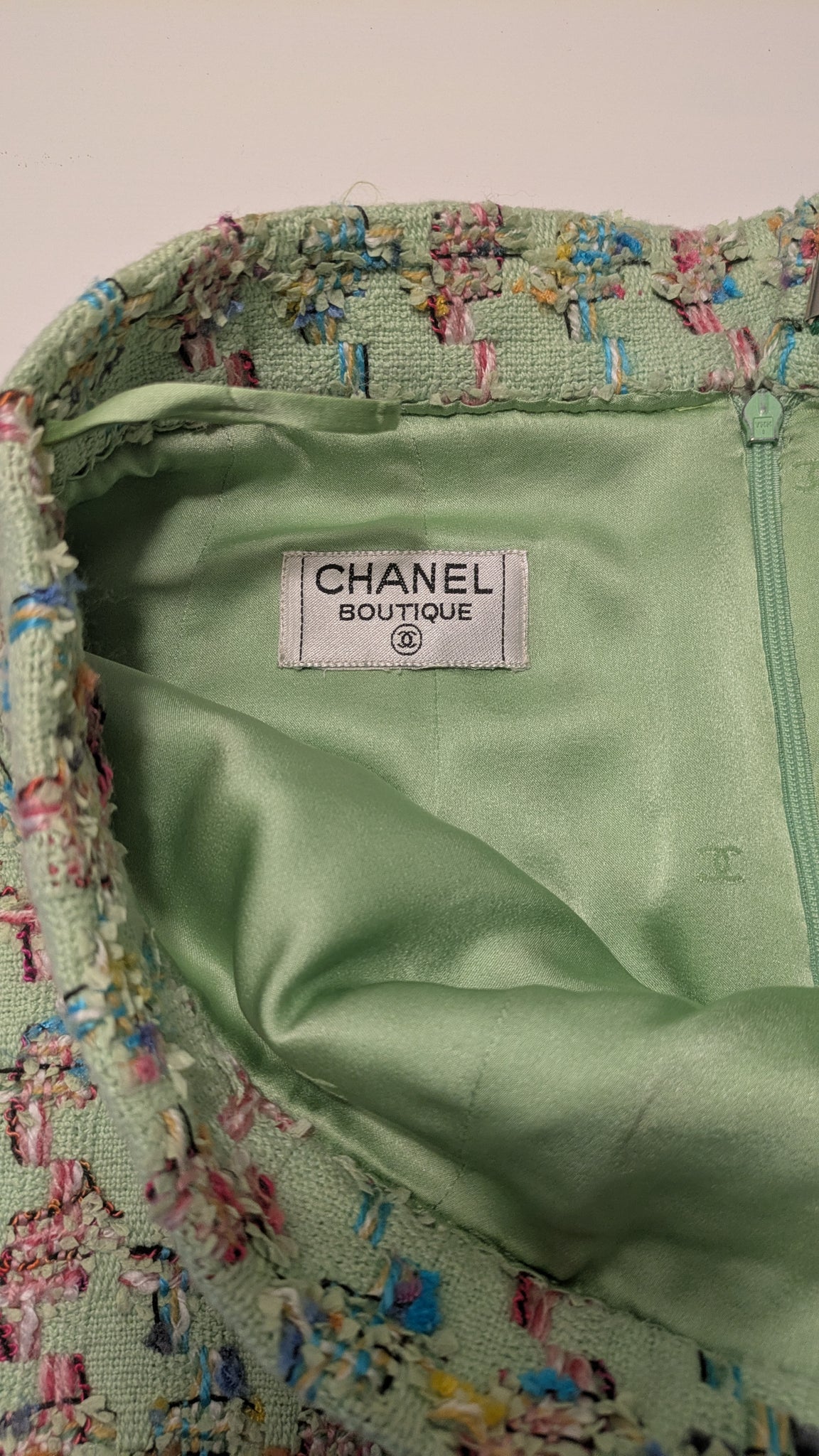 S/S 1995 Chanel 'Barbie Collection' runway mint green tweed suit with jacket and mini skirt - S/M