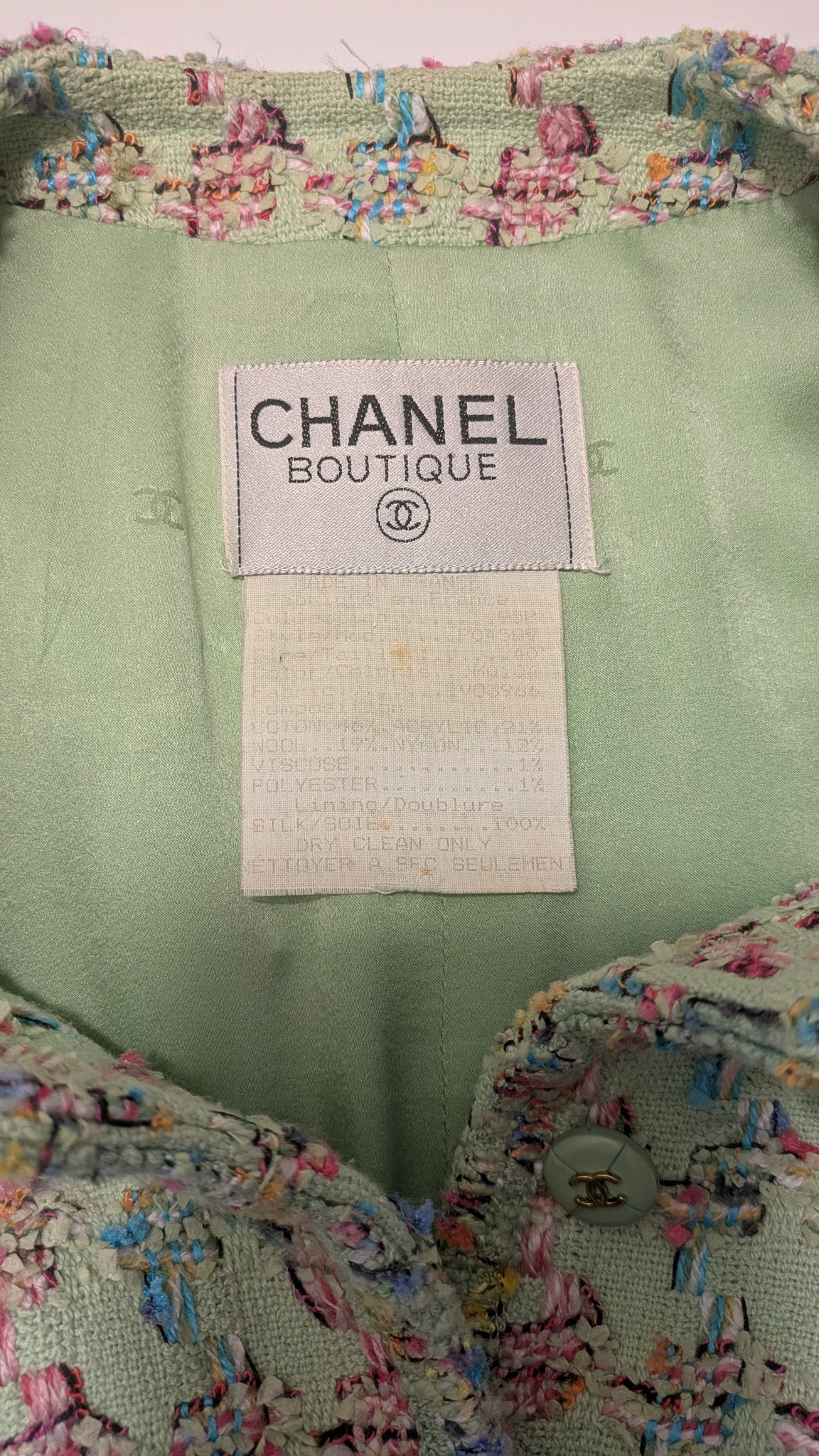 S/S 1995 Chanel 'Barbie Collection' runway mint green tweed suit with jacket and mini skirt - S/M