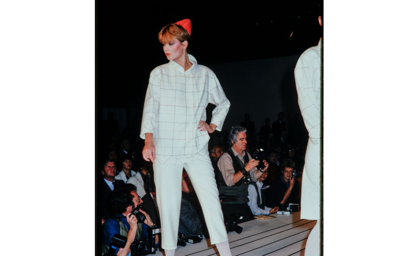 S/S 1981 Chloé by Karl Lagerfeld runway cream wool jacket with multi-colour grid pattern - XS/S
