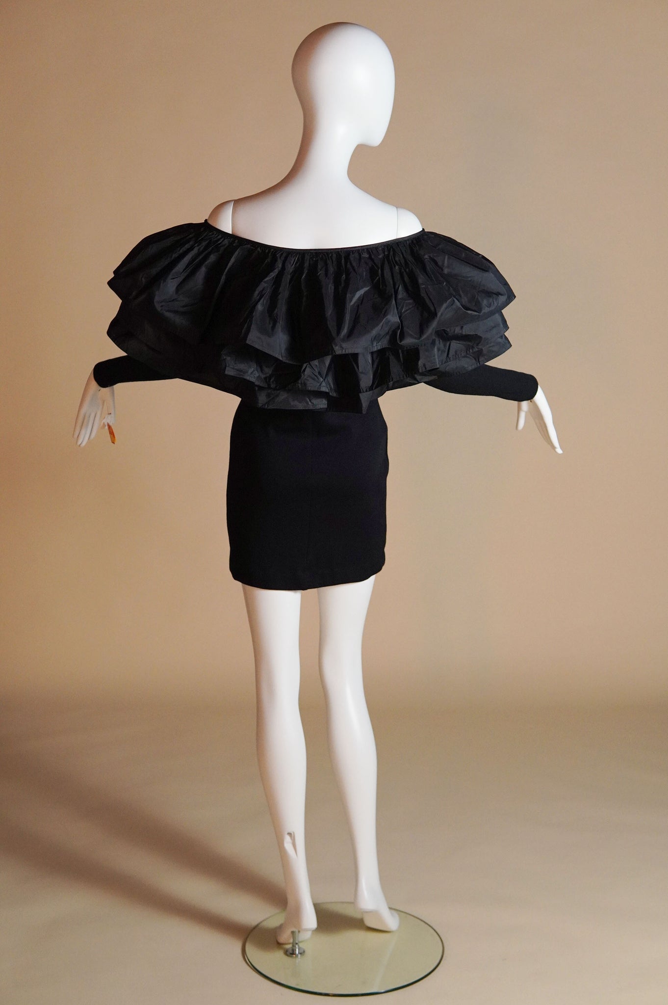 F/W 1991 Isaac Mizrahi runway stretch knit dress with exaggerated silk ruffles - S/M