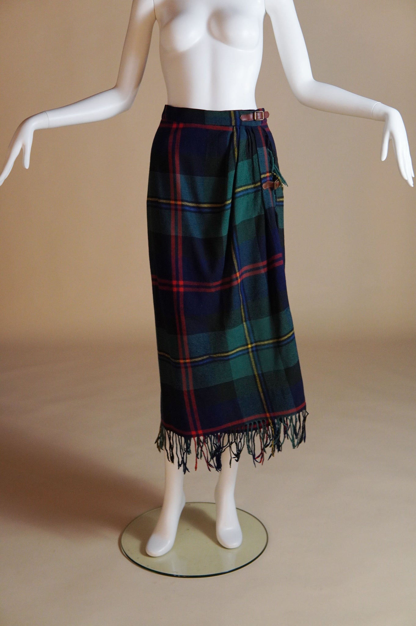 1980s Ralph Lauren tartan blanket wrap-skirt with fringe - XS/S