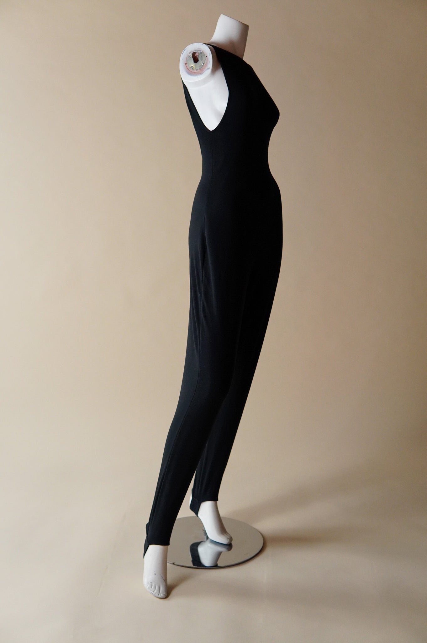 1980s Norma Kamali black jumpsuit with high neck and open back - XS/S