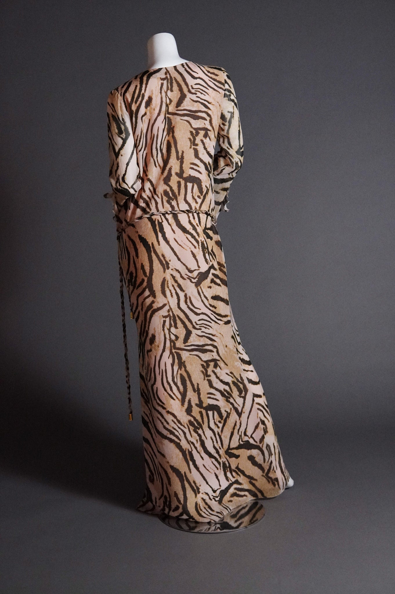 Emanuel Ungaro by Giambattista Valli silk animal print dress with ruffles and braided rope tie - S/M