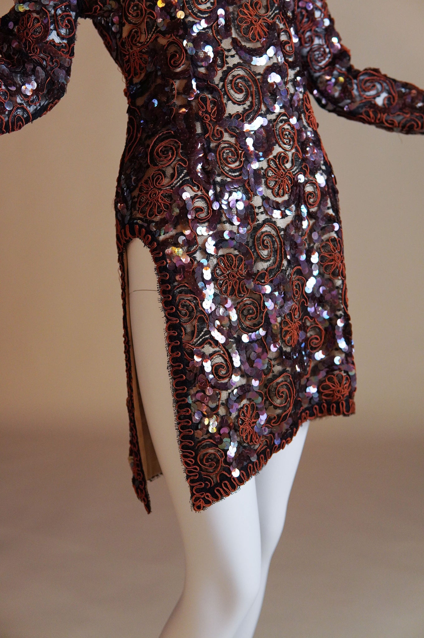 1980s Geoffrey Beene embelished off the shoulder mini dress with dramatic cutout at hip - S