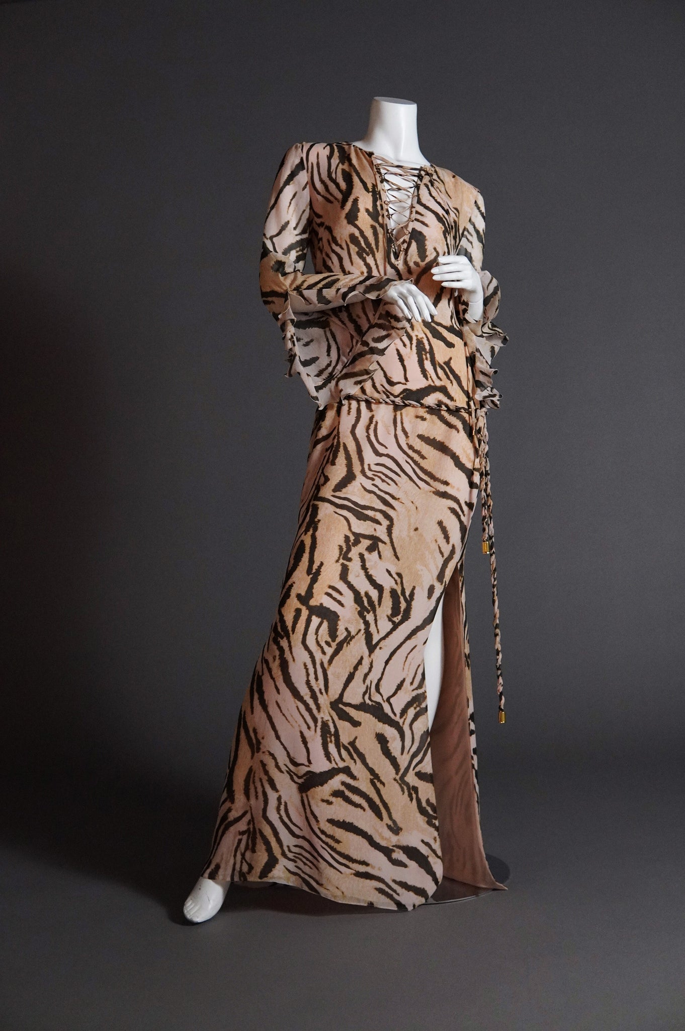 Emanuel Ungaro by Giambattista Valli silk animal print dress with ruffles and braided rope tie - S/M