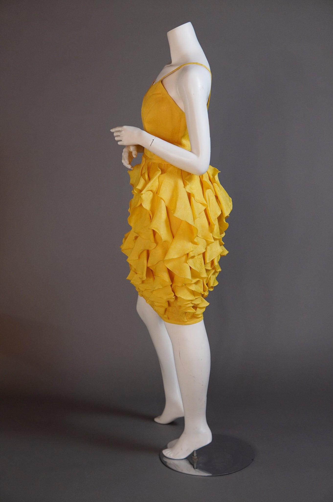 Emanuel Ungaro yellow silk brocade dress with ruffled skirt - L