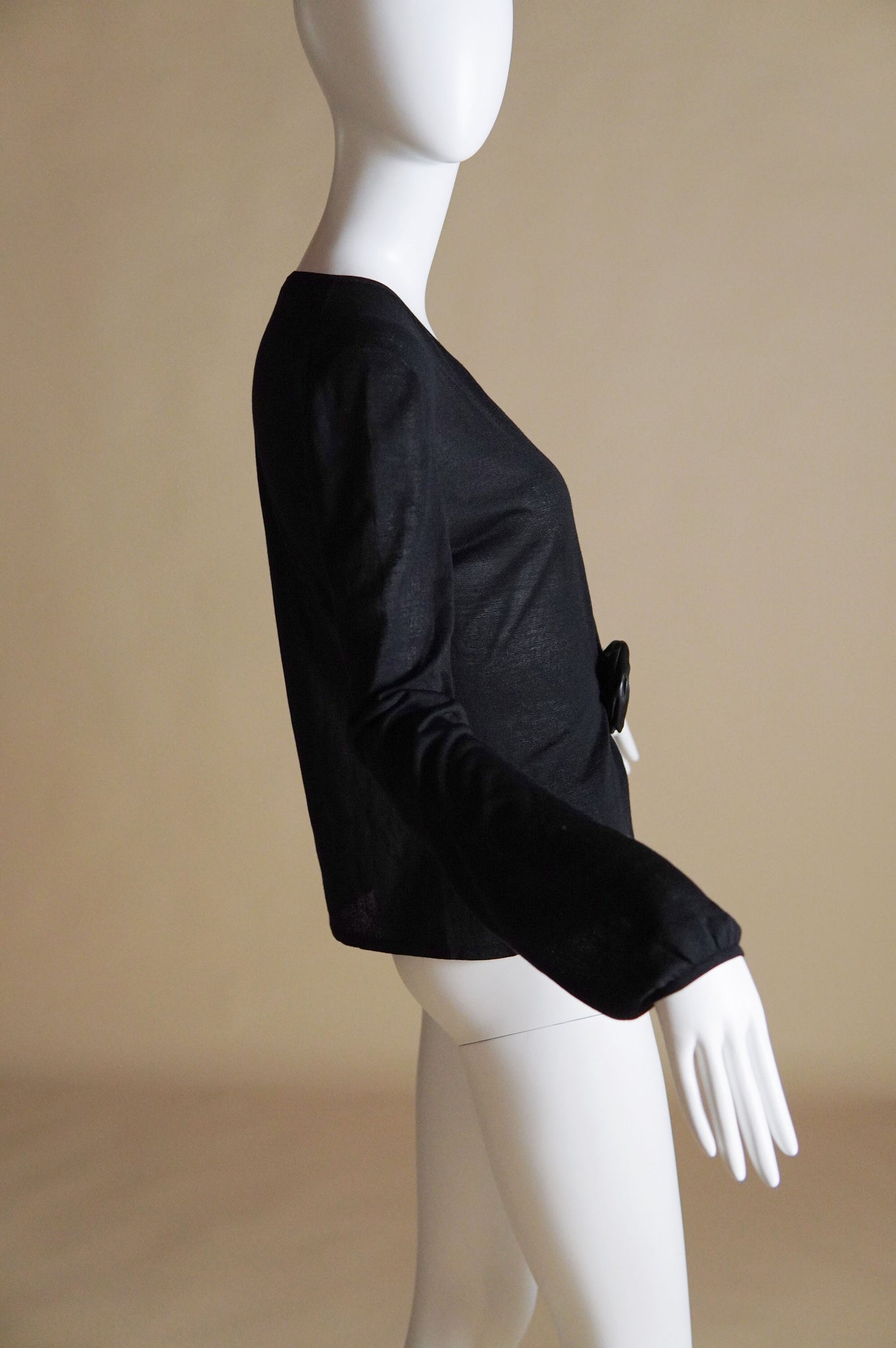 F/W 1999 Gucci by Tom Ford runway sheer silk knit top with exaggerated keyhole and leather rose - S/M