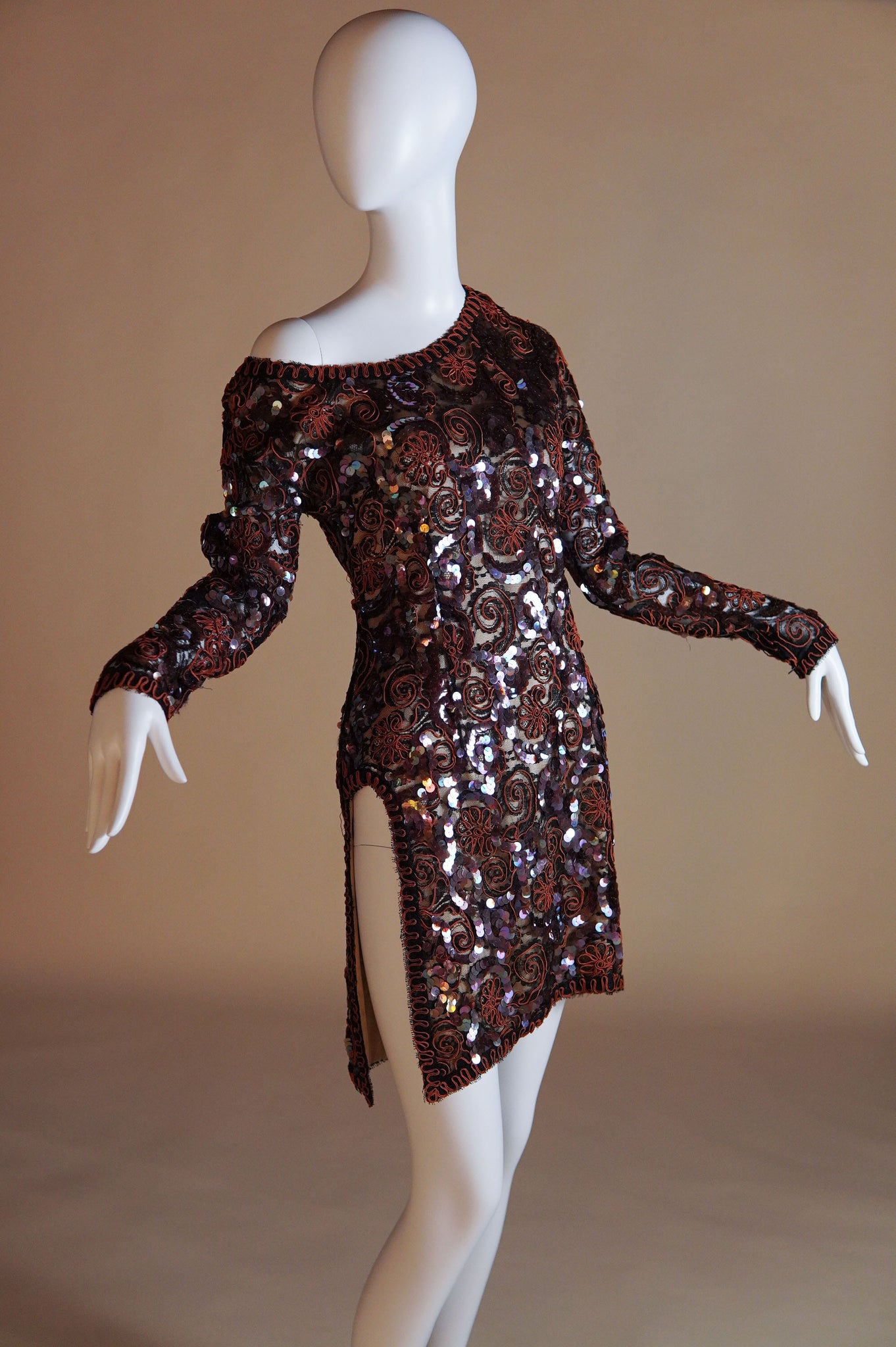 1980s Geoffrey Beene embelished off the shoulder mini dress with dramatic cutout at hip - S