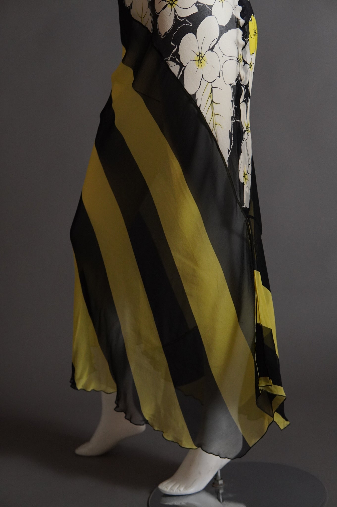 Sonia Rykiel sheer silk bias cut yellow white and black dress with floral and stripe - S/M