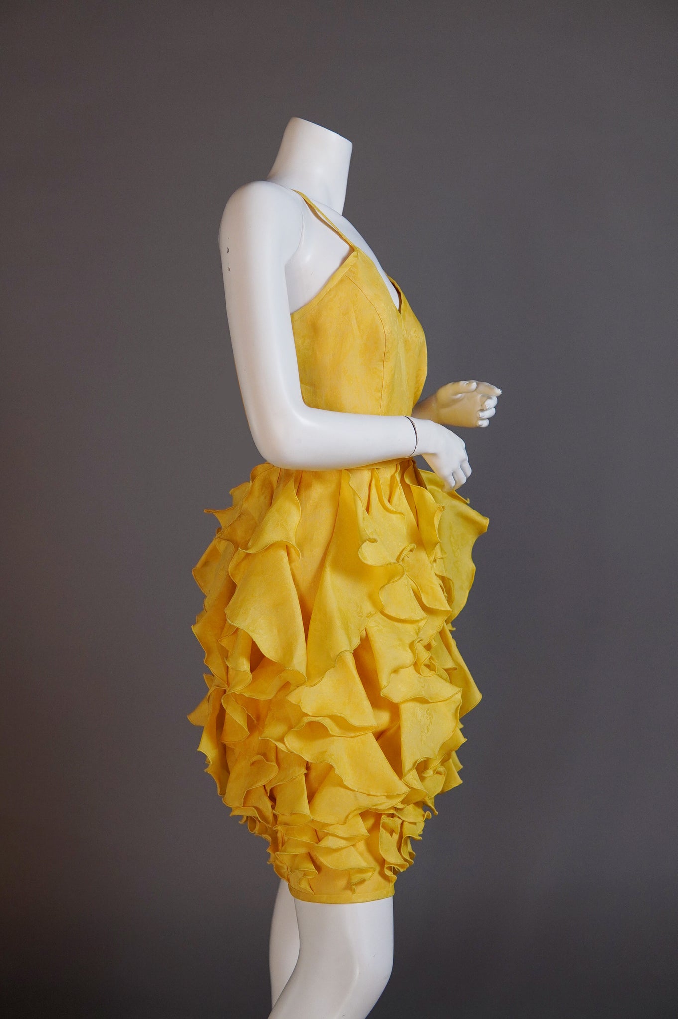 Emanuel Ungaro yellow silk brocade dress with ruffled skirt - L