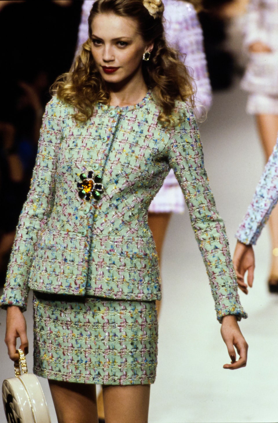 S/S 1995 Chanel 'Barbie Collection' runway mint green tweed suit with jacket and mini skirt - S/M