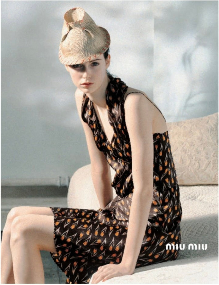 F/W 2000 Miu Miu campaign silk bias cut dress and straw hat with red stitching - XS
