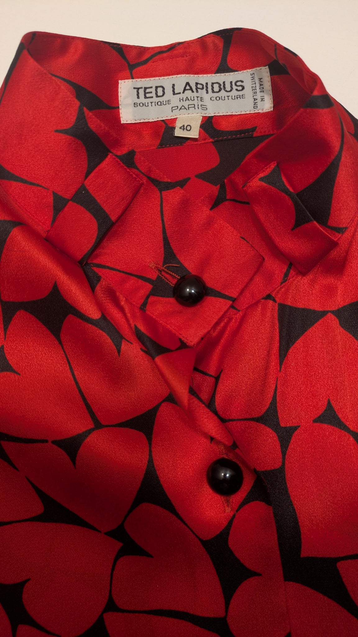 1980s Ted Lapidus black and red heart patterned silk blouse - O/S