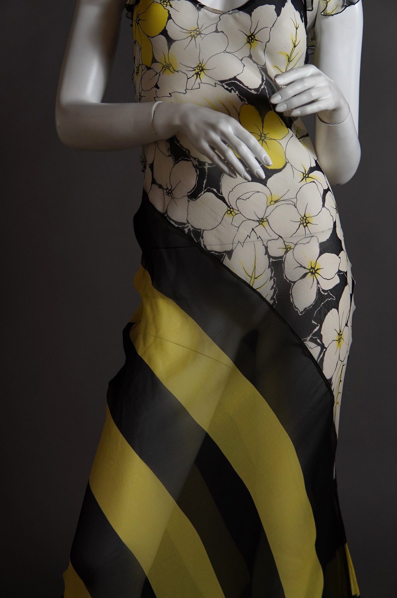 Sonia Rykiel sheer silk bias cut yellow white and black dress with floral and stripe - S/M