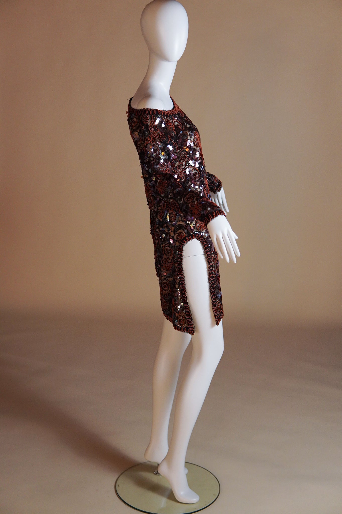 1980s Geoffrey Beene embelished off the shoulder mini dress with dramatic cutout at hip - S