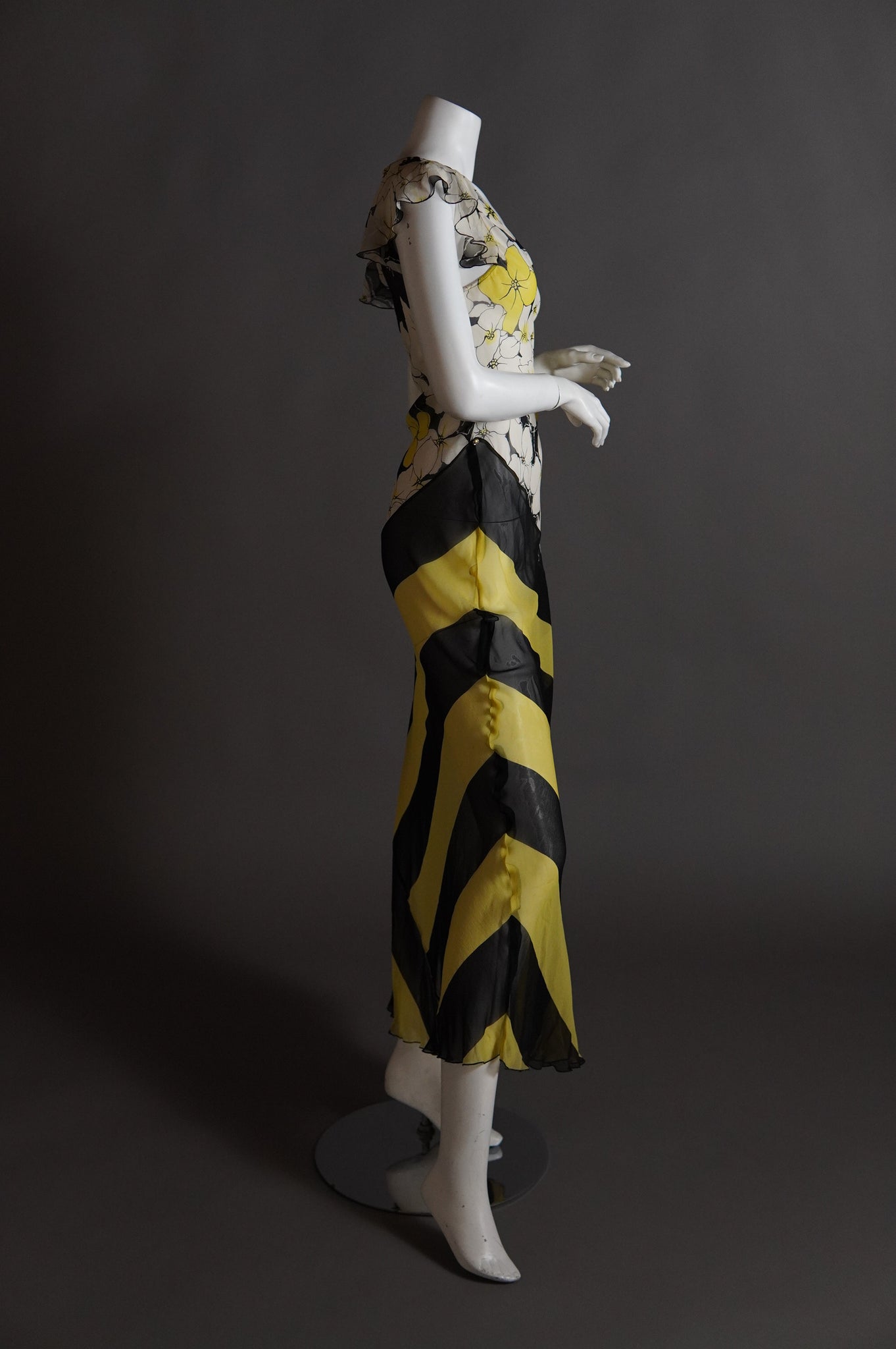 Sonia Rykiel sheer silk bias cut yellow white and black dress with floral and stripe - S/M