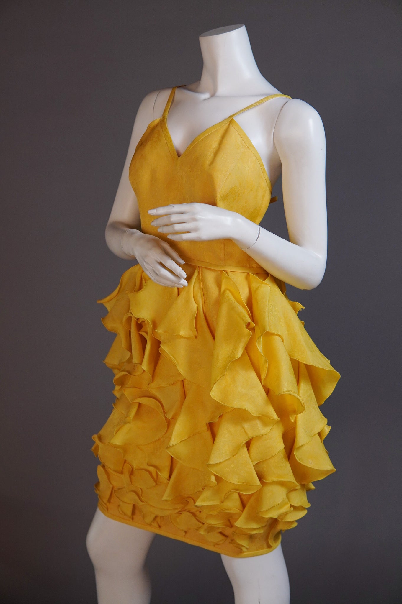 Emanuel Ungaro yellow silk brocade dress with ruffled skirt - L