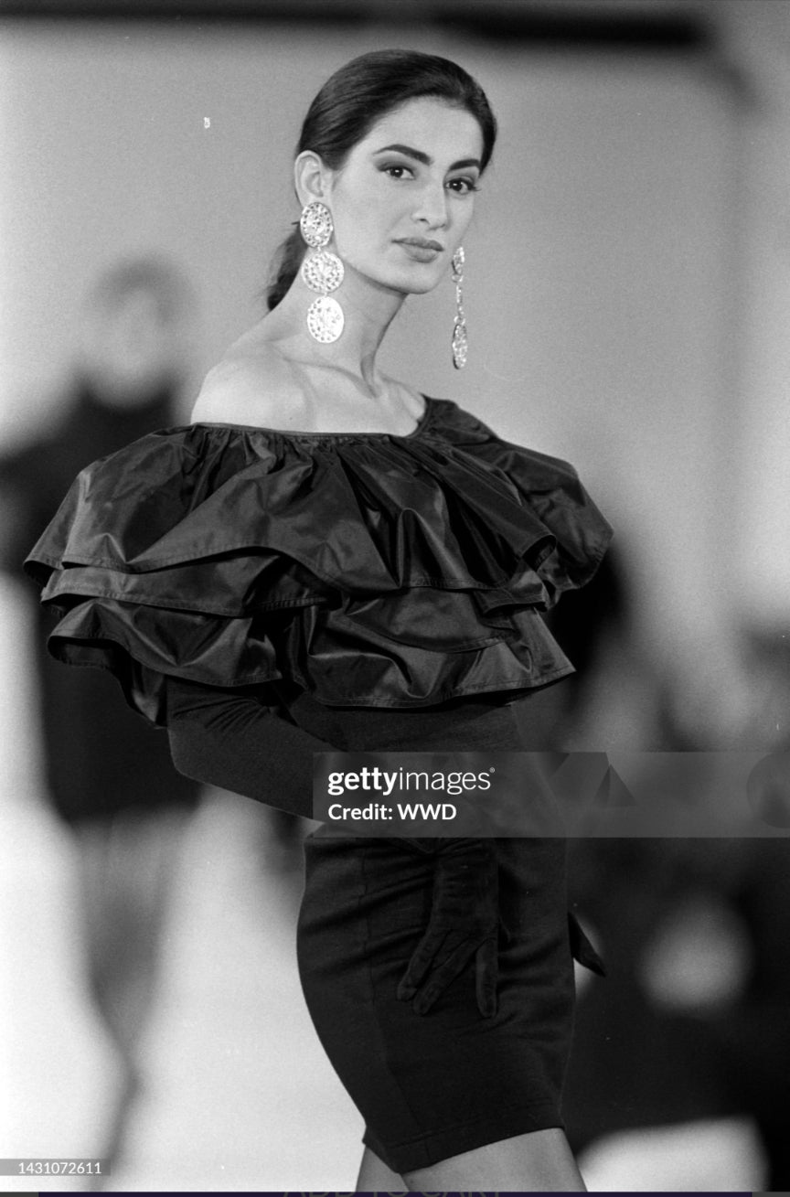 F/W 1991 Isaac Mizrahi runway stretch knit dress with exaggerated silk ruffles - S/M