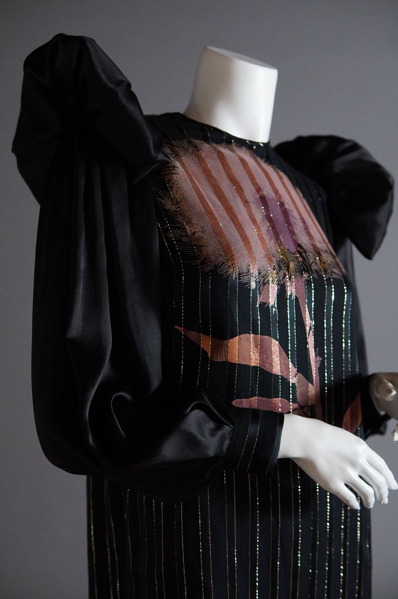 1980s James Galanos silk dress with dandilion puff and exaggerated shoulder - XS/S