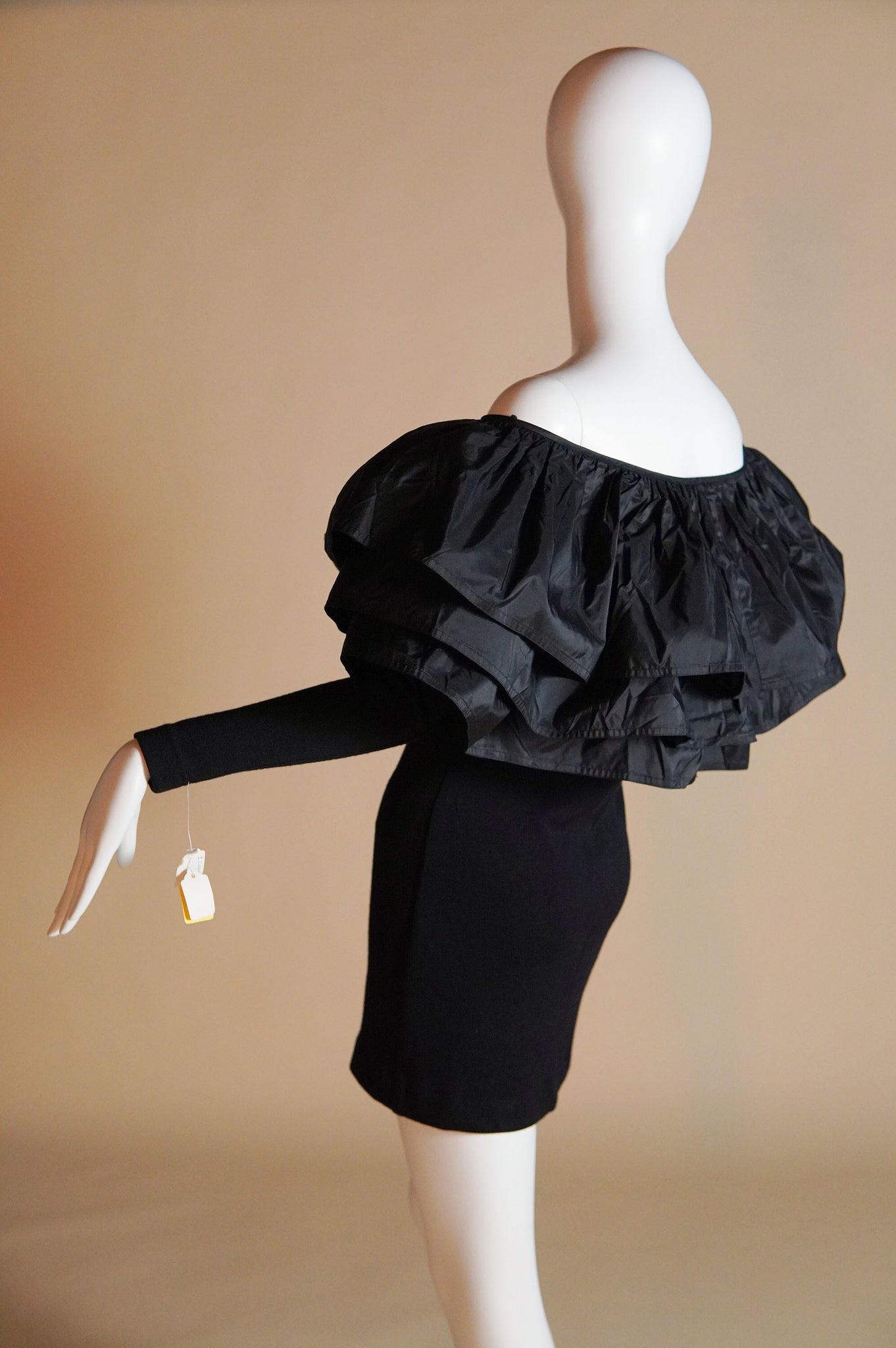 F/W 1991 Isaac Mizrahi runway stretch knit dress with exaggerated silk ruffles - S/M