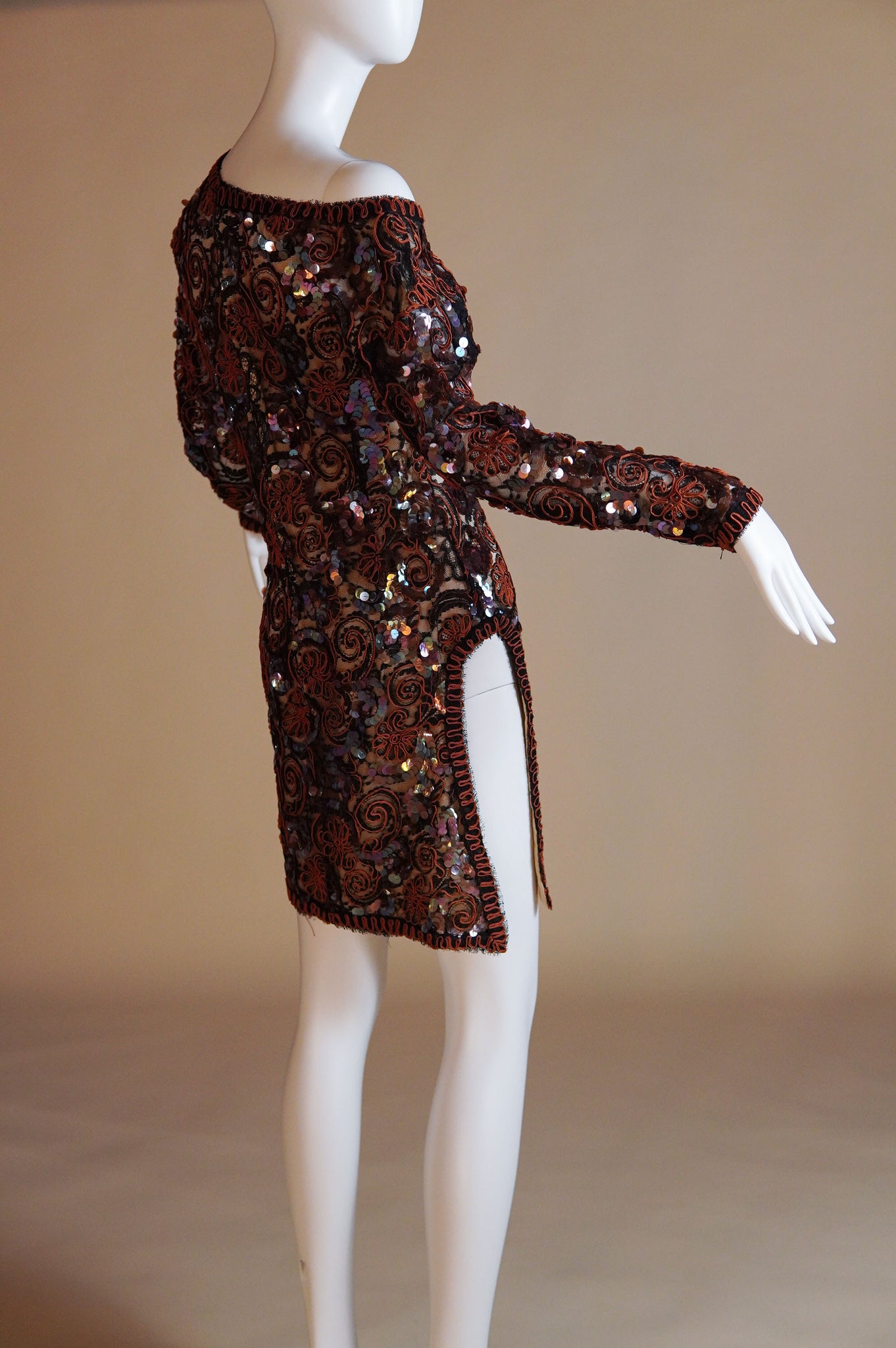 1980s Geoffrey Beene embelished off the shoulder mini dress with dramatic cutout at hip - S