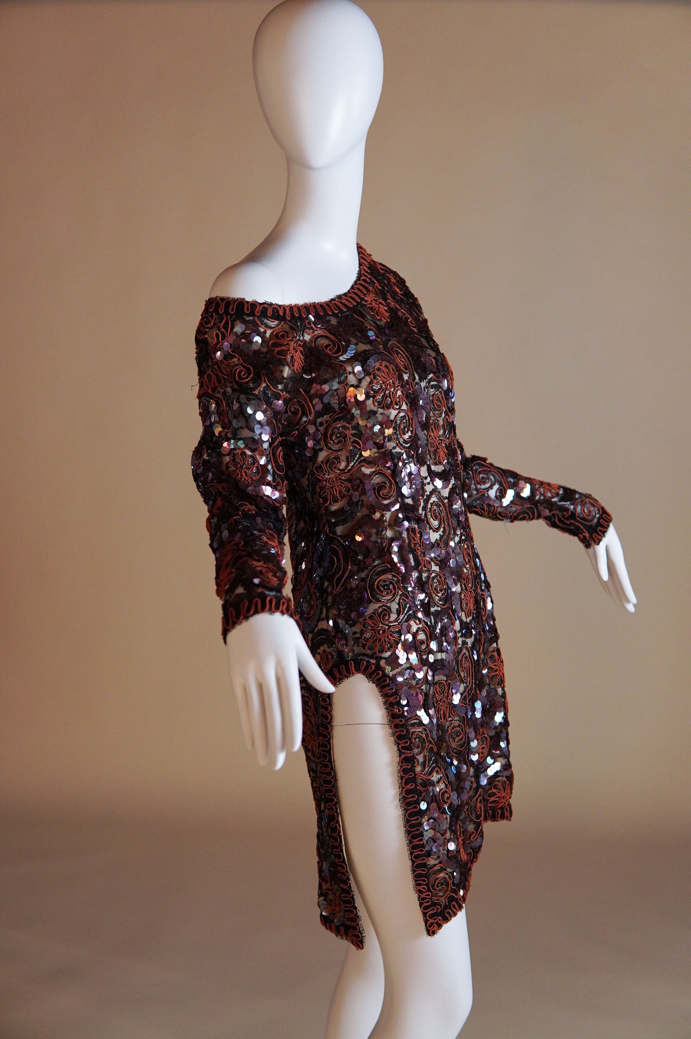 1980s Geoffrey Beene embelished off the shoulder mini dress with dramatic cutout at hip - S