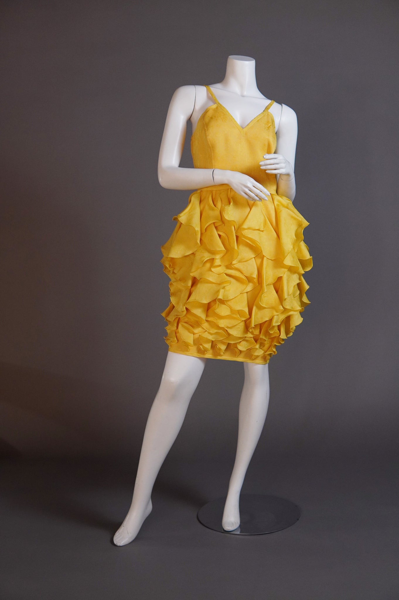 Emanuel Ungaro yellow silk brocade dress with ruffled skirt - L