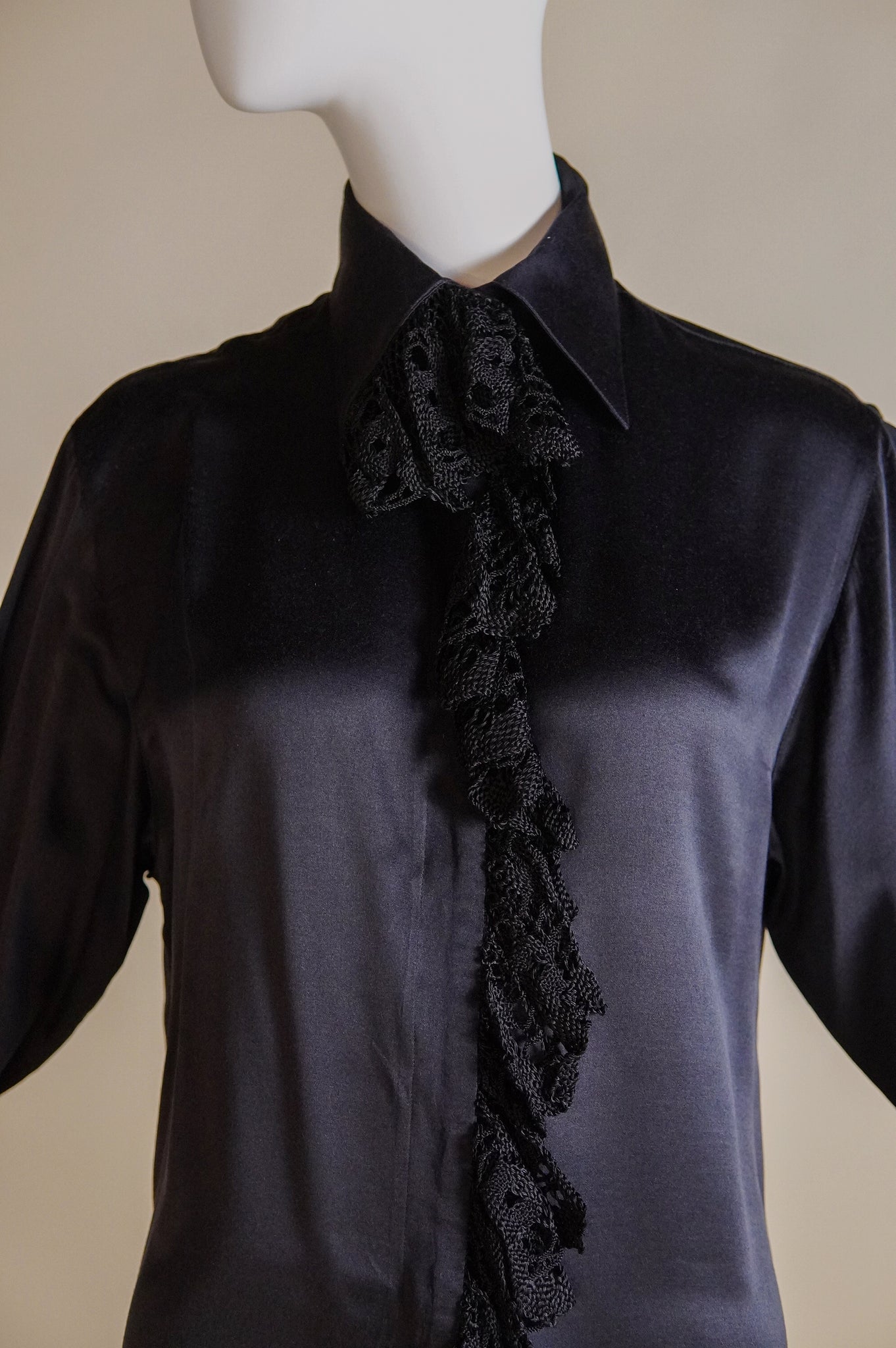 F/W 1994 Martine Sitbon runway silk blend satin blouse with lace trim - S/M