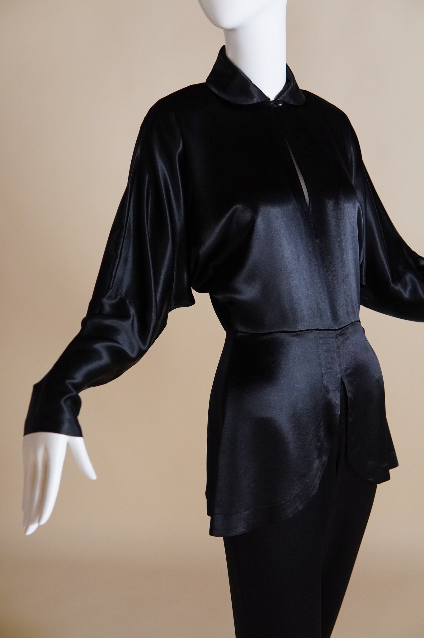1990s Norma Kamali satin jumpsuit with peplum and keyhole - XS