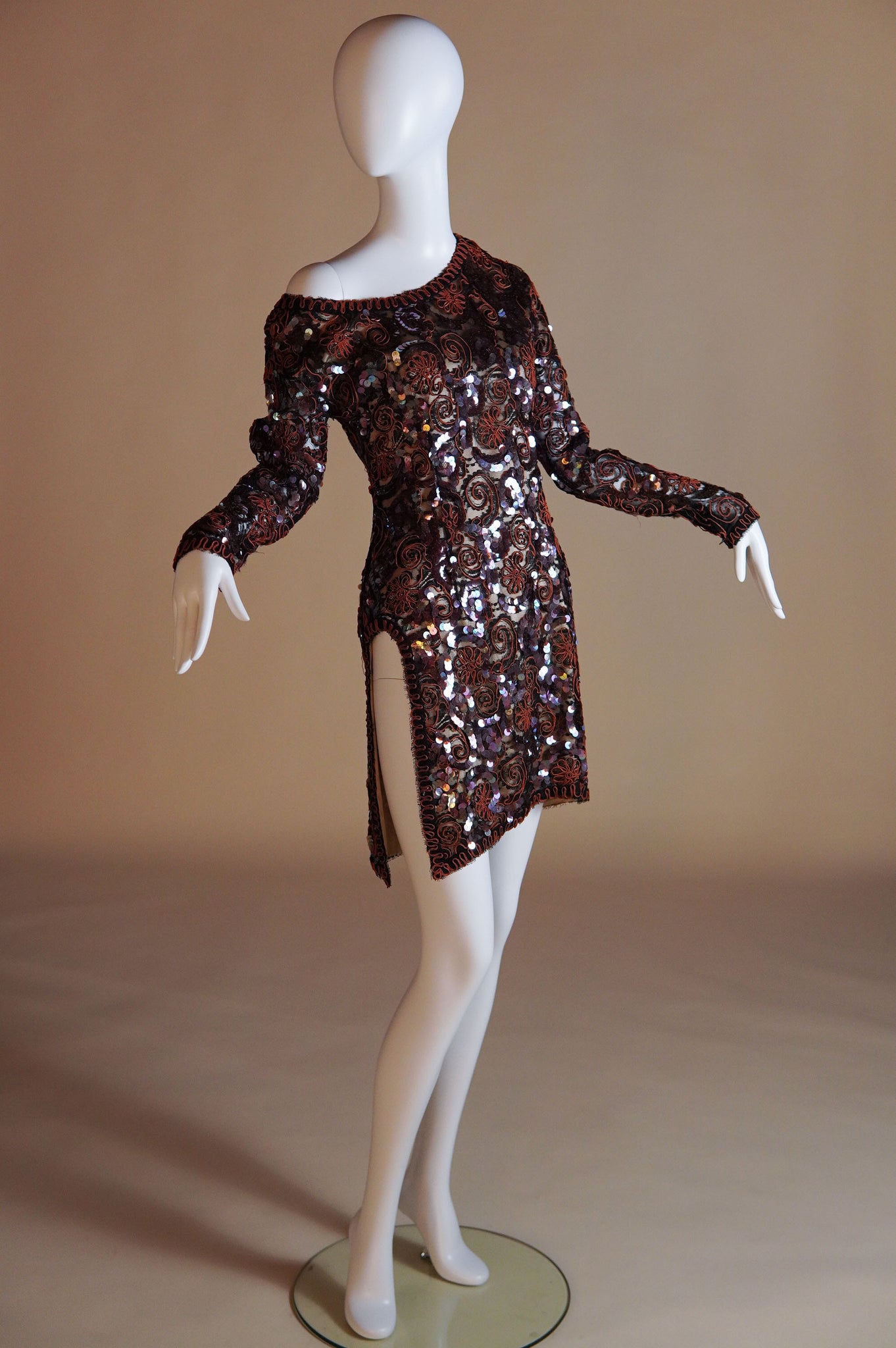 1980s Geoffrey Beene embelished off the shoulder mini dress with dramatic cutout at hip - S