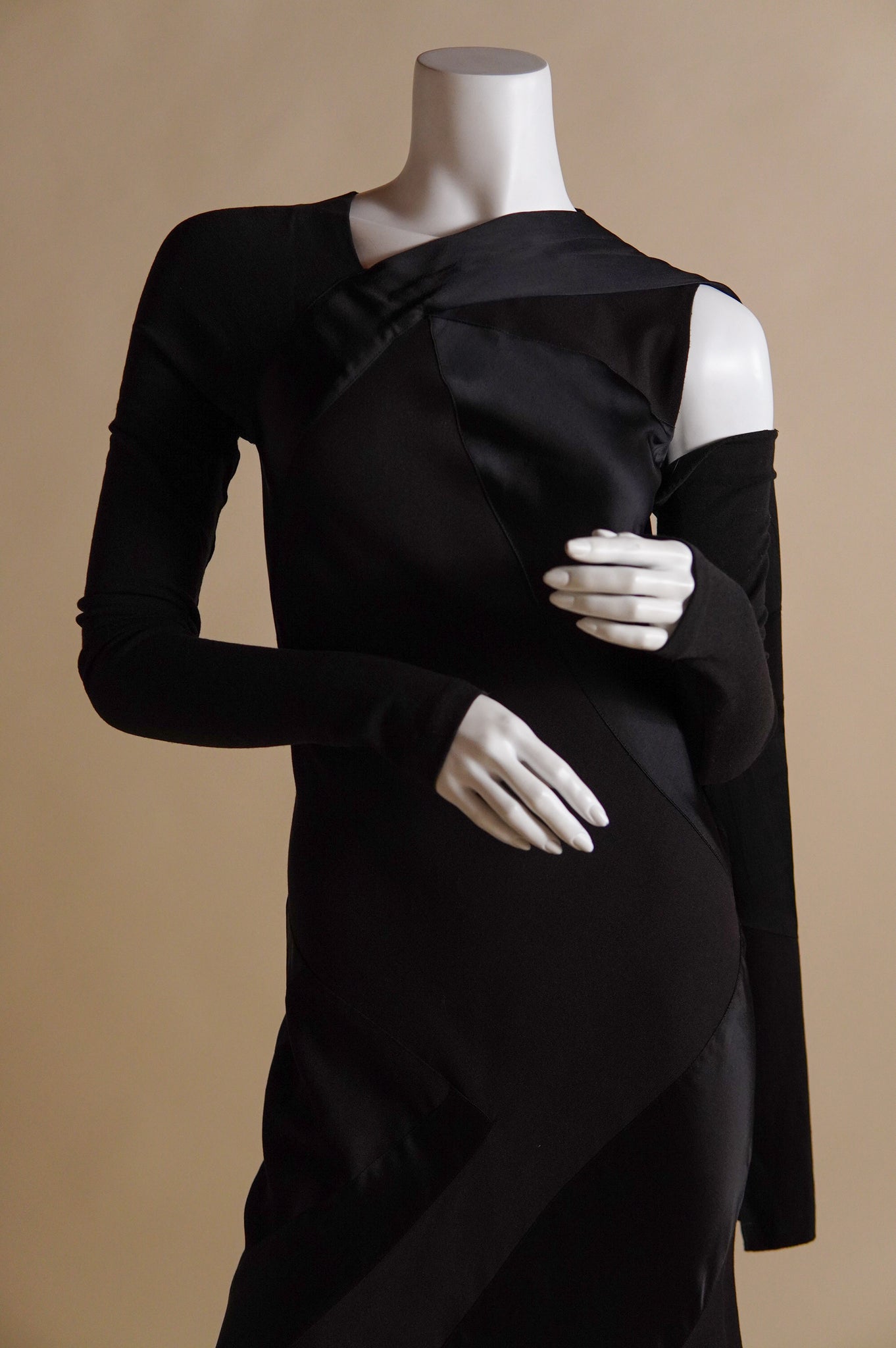 F/W 2002 Donna Karan satin and matte tone on tone patchwork dress with cutaway at knit sleeves - XS/S