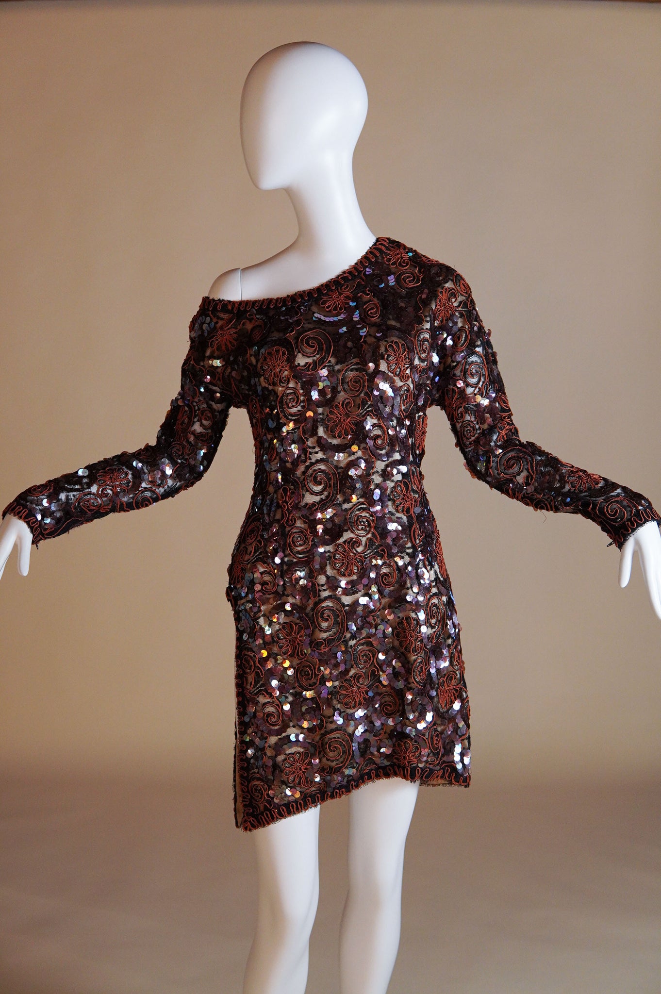 1980s Geoffrey Beene embelished off the shoulder mini dress with dramatic cutout at hip - S