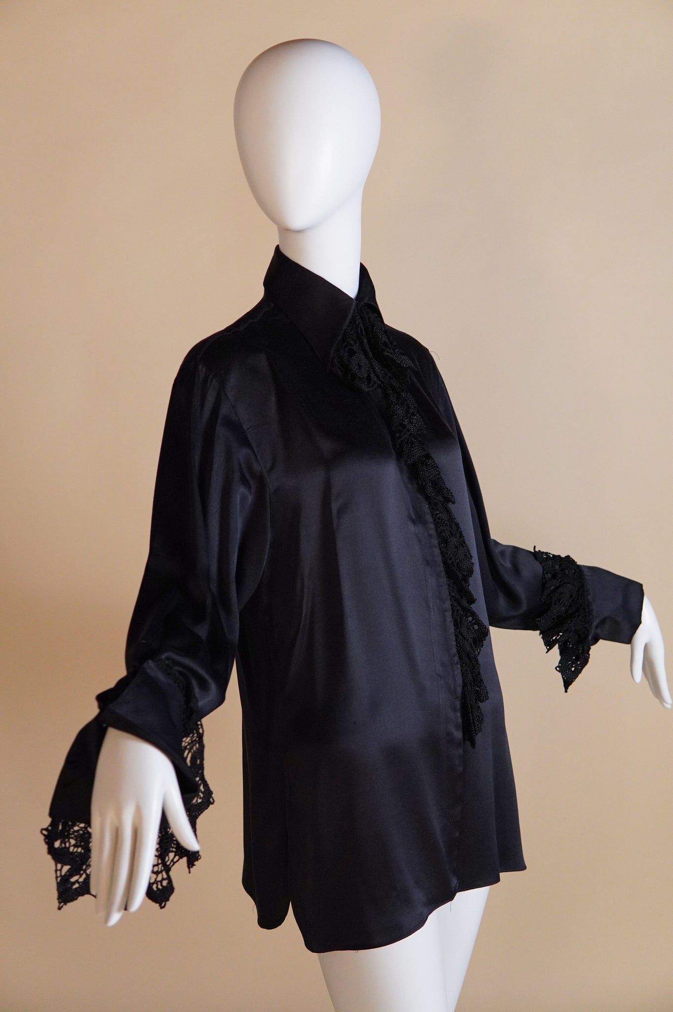 F/W 1994 Martine Sitbon runway silk blend satin blouse with lace trim - S/M