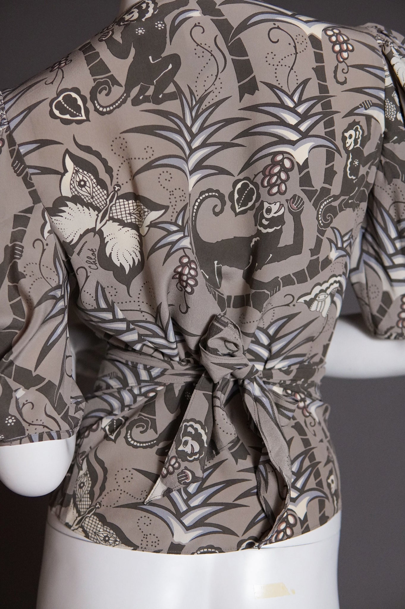 S/S 2002 Chloé by Phoebe Philo silk wrap blouse with puff sleeve in monkey print - M/L