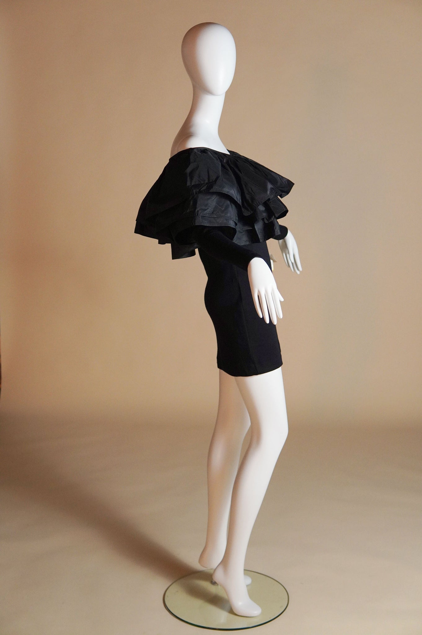 F/W 1991 Isaac Mizrahi runway stretch knit dress with exaggerated silk ruffles - S/M