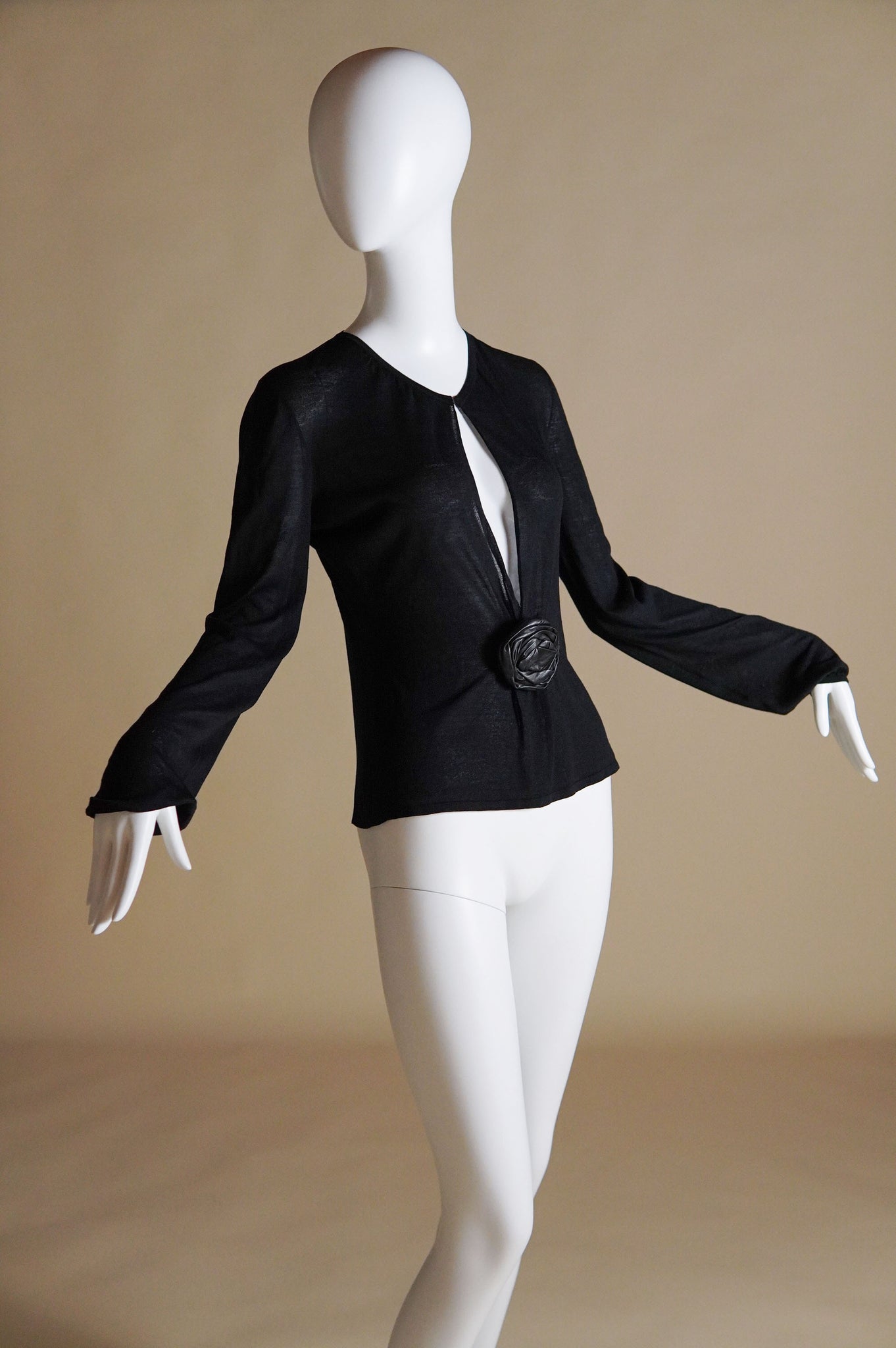 F/W 1999 Gucci by Tom Ford runway sheer silk knit top with exaggerated keyhole and leather rose - S/M